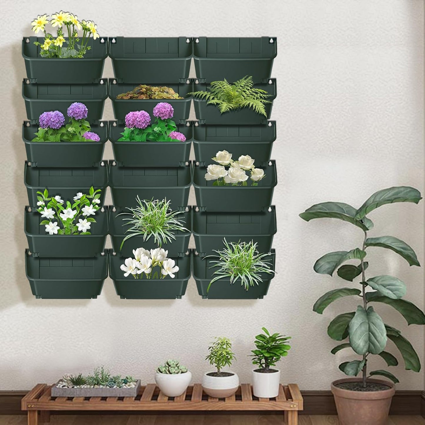 Eapmic Vertical Wall Planter with 18 Pots, Hanging Garden Plant Flowerpot Holder, Stackable Wall-Mounted Planter, Balcony Planters for Flowers Vegetables Fruits (Dark Green, 18 Pots)