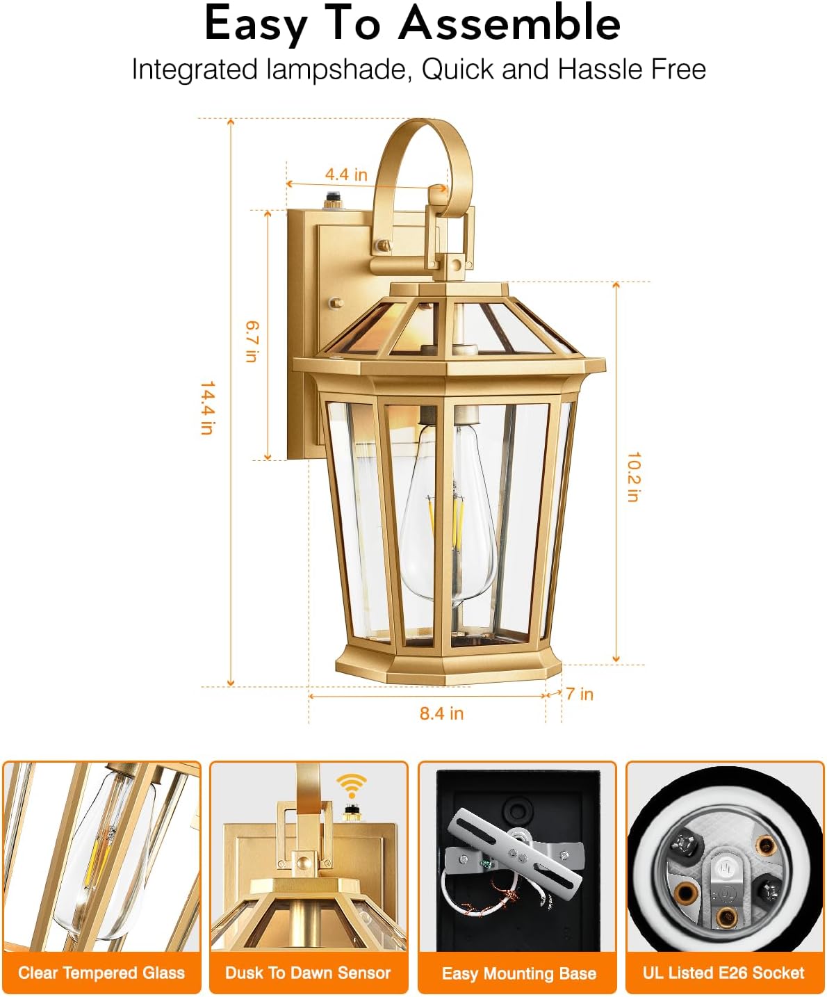 VIANIS Dusk to Dawn Outdoor Wall Lanterns, Modern Golden Exterior Lighting Fixtures Wall Mount Sconces, 100% Aluminum Waterproof Gold Porch Lights, Outside Coach Lantern for House Patio Garage, 2-Pack