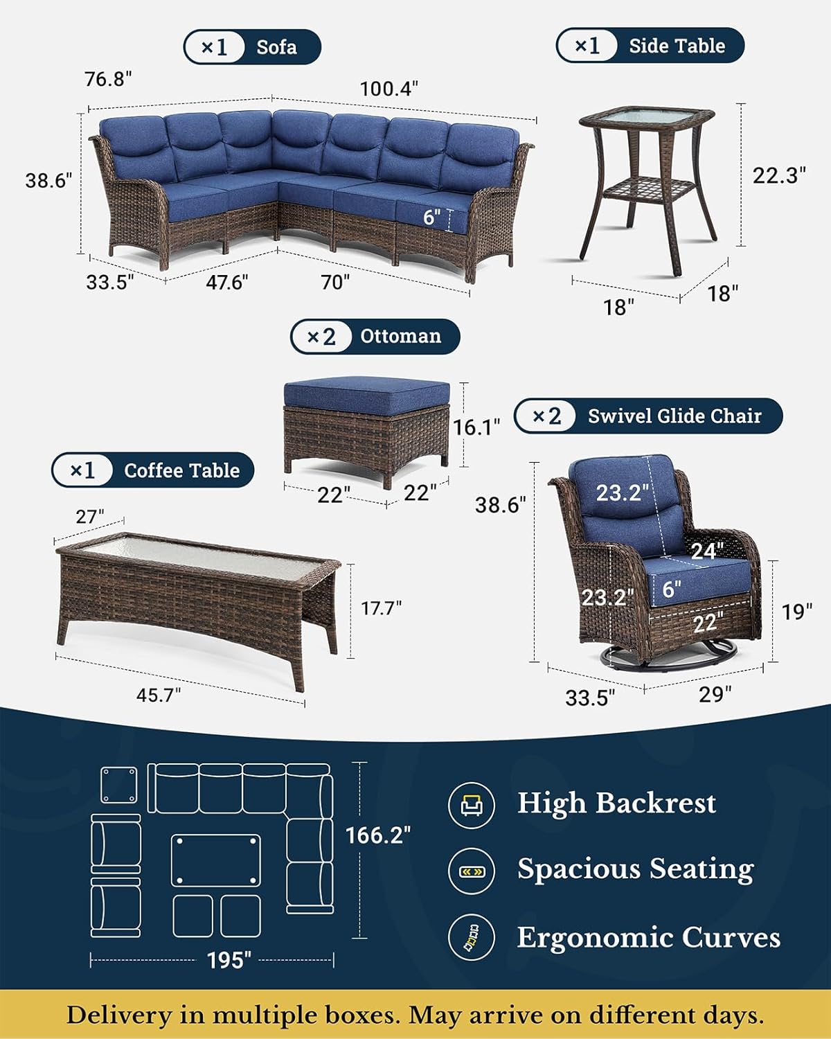 HILLGA Luxury Patio Furniture Set with 6-inch Thick Cushion, Outdoor Sectional Sofa and High Back Swivel Rocker Patio Chairs, 7PCS Wicker Conversation Set for Deck Yard and Pool, Blue (V2)