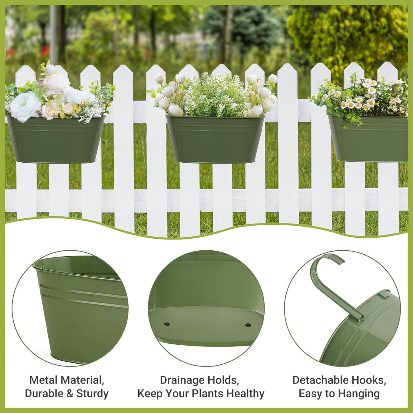 Dahey Metal Iron Hanging Flower Pots for Railing Fence Hanging Bucket Pots Countryside Style Outdoor Planter Window Flower Plant Holder with Detachable Hooks Home Decor,Green,3 Pcs