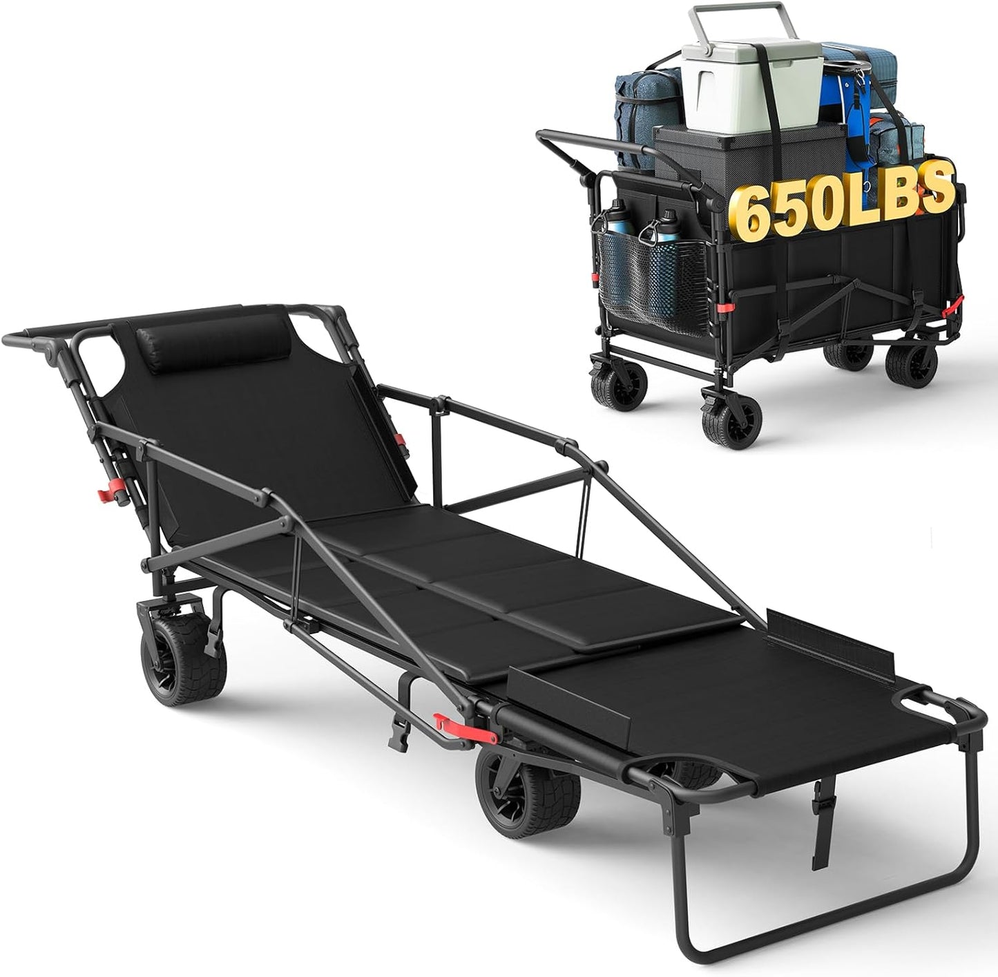 LEVELEVE Heavy Duty Folding Wagon - 2-in-1 Collapsible Cart, 650lb Capacity, All-Terrain Wheels w/Brakes & Side Pockets (Black)