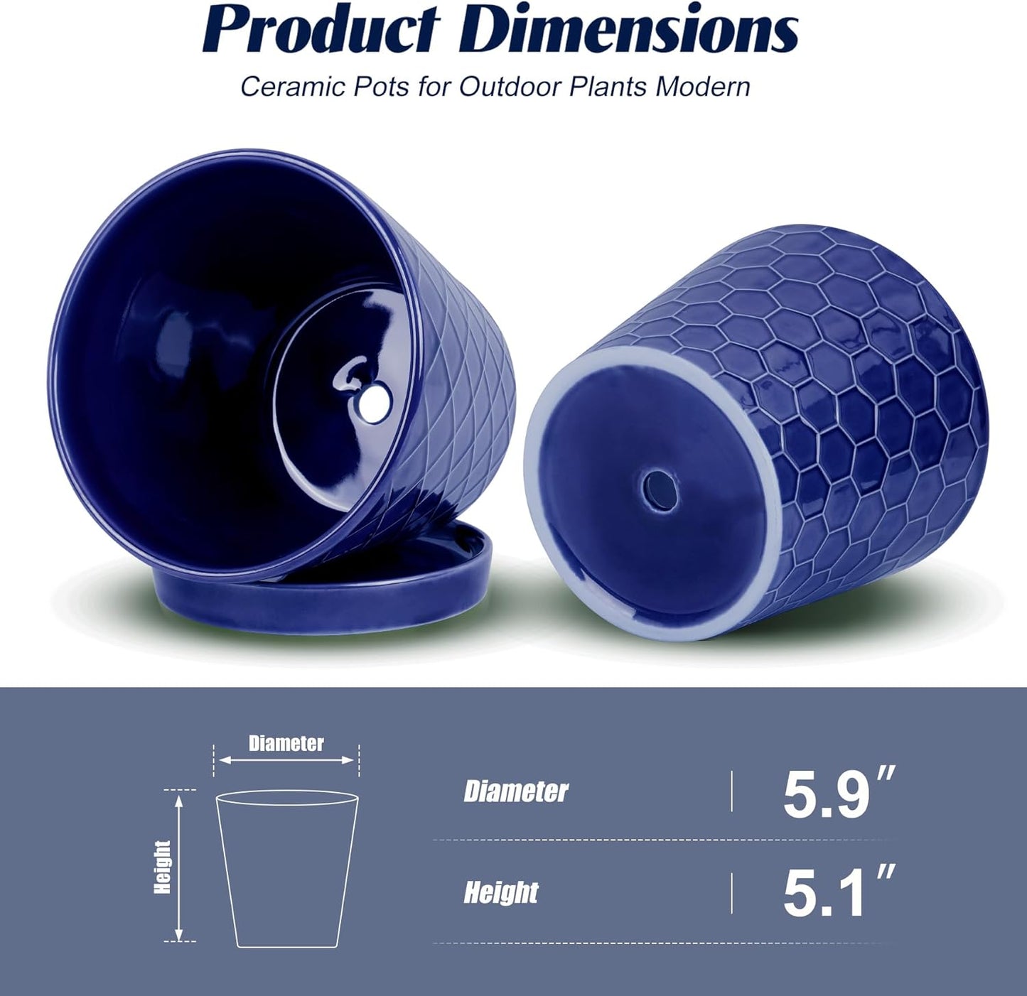 BUYMAX Plant Pots Indoor –6 inch Ceramic Flower Pot with Drainage Hole and Ceramic Tray - Gardening Home Desktop Office Windowsill Decoration Gift, Set of 2(Royal Blue)