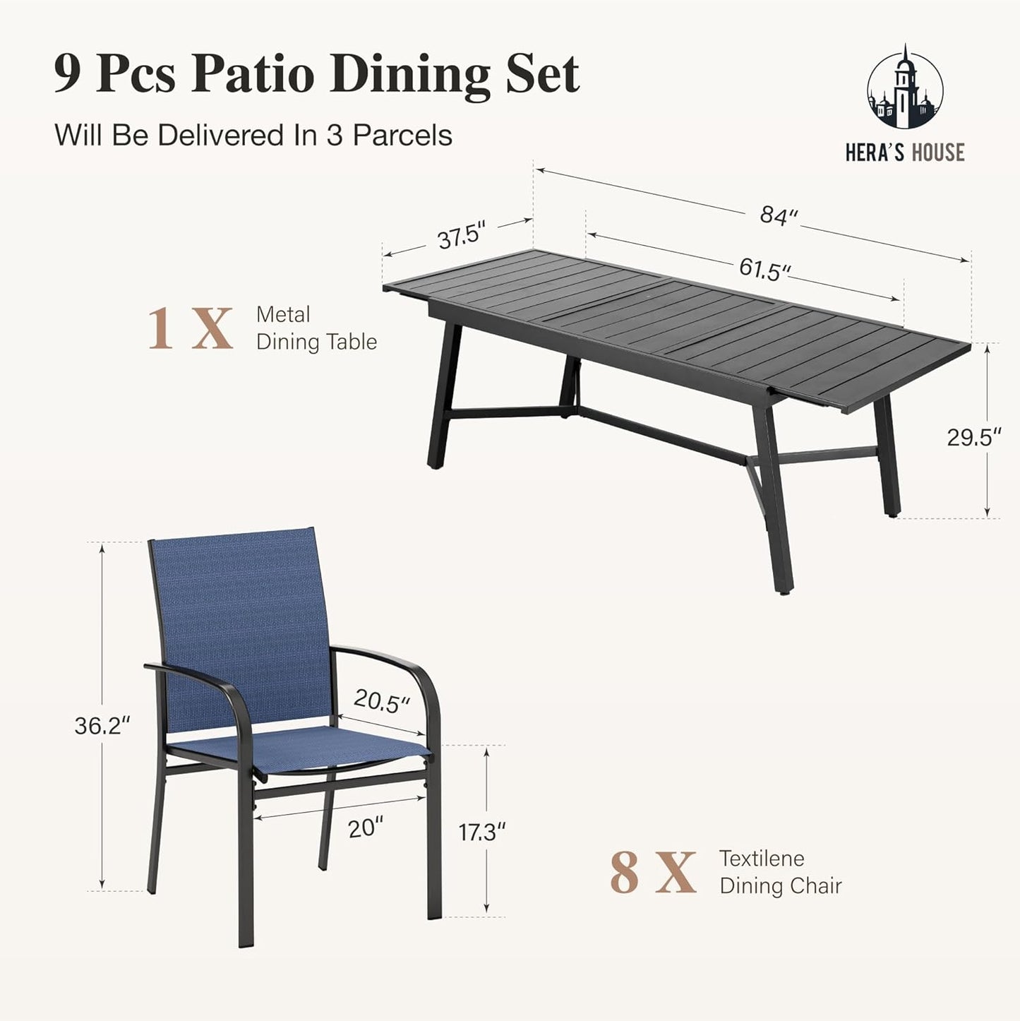 HERA'S HOUSE Extendable Patio Table and Chairs Set for 8, 9 Pieces Outdoor Dining Set, Rectangular Metal Dining Table with 8 x Chairs for Deck Lawn Garden Porch, Blue
