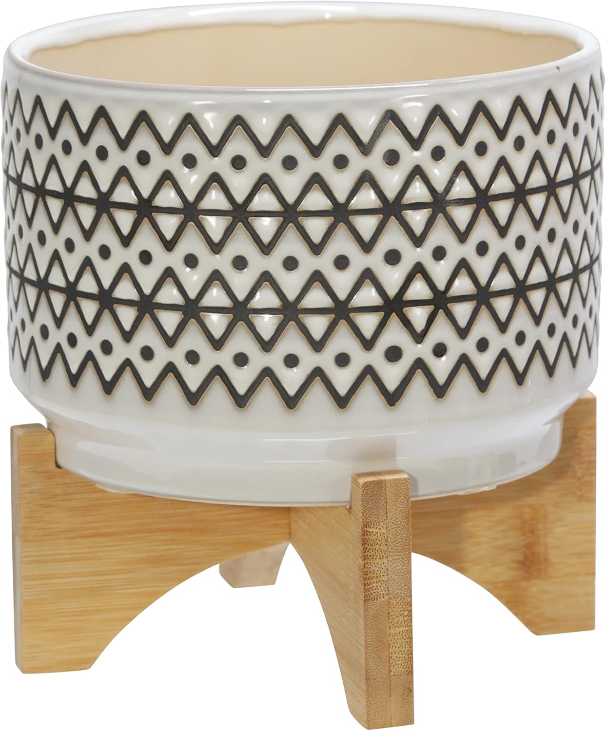 Sagebrook Home Ceramic Planter with Stand - Decorative Stoneware Pot with Wood Base - Modern Boho Indoor/Outdoor Plant Holder for Home & Garden - 8" Ivory & Tan