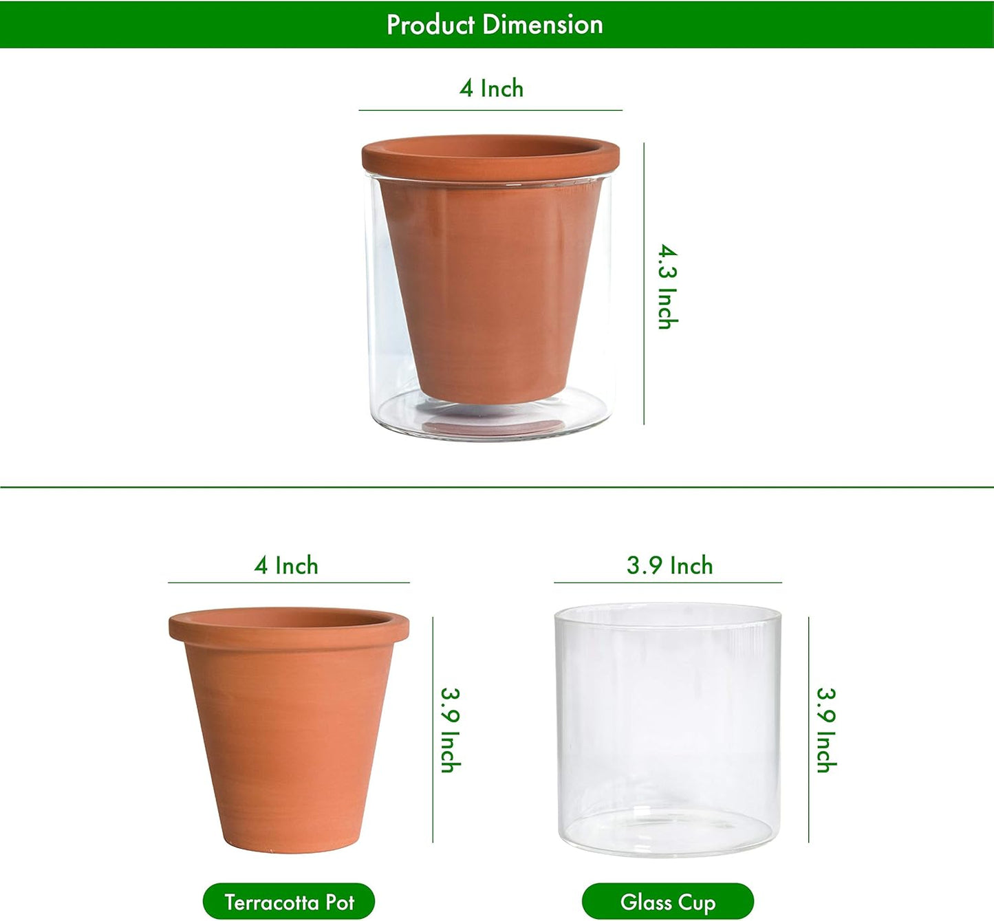 D'vine Dev 4 Inch Design Self Watering Pot for Indoor Plants, Terracotta Planter with Cylinder Glass Cup, Set of 3, 37-Z-A-1-T