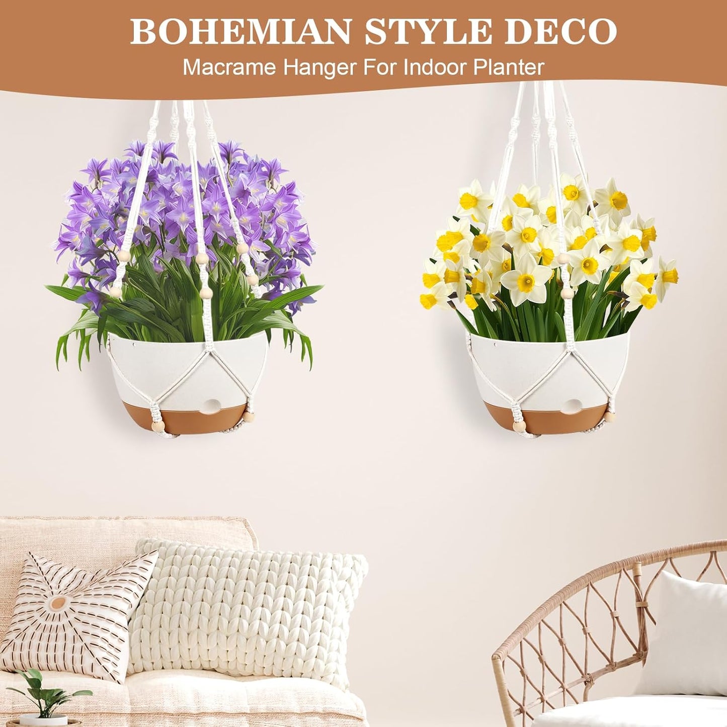 3 Pack Hanging Planters for Indoor Plants, 10 + 10 + 8 Inch Self-Watering Hanging Plant Pot, Macrame Plant Hanger with Pot, Ceiling Hooks, Removable Saucer and Drainage Holes for Garden Home - White