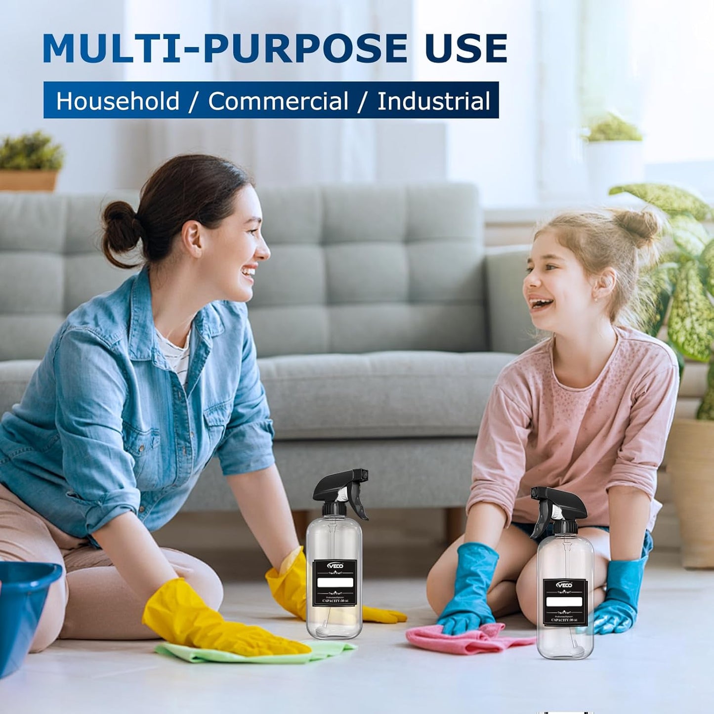 Veco 10oz Spray Bottle with Adjustable Nozzle, 360° Water Spray Bottles for Cleaning Solution, Plastic Spray Bottles for Hair Cooking Plant Pet, No Leak and Clog (2 Pack & Foldable Funnel)