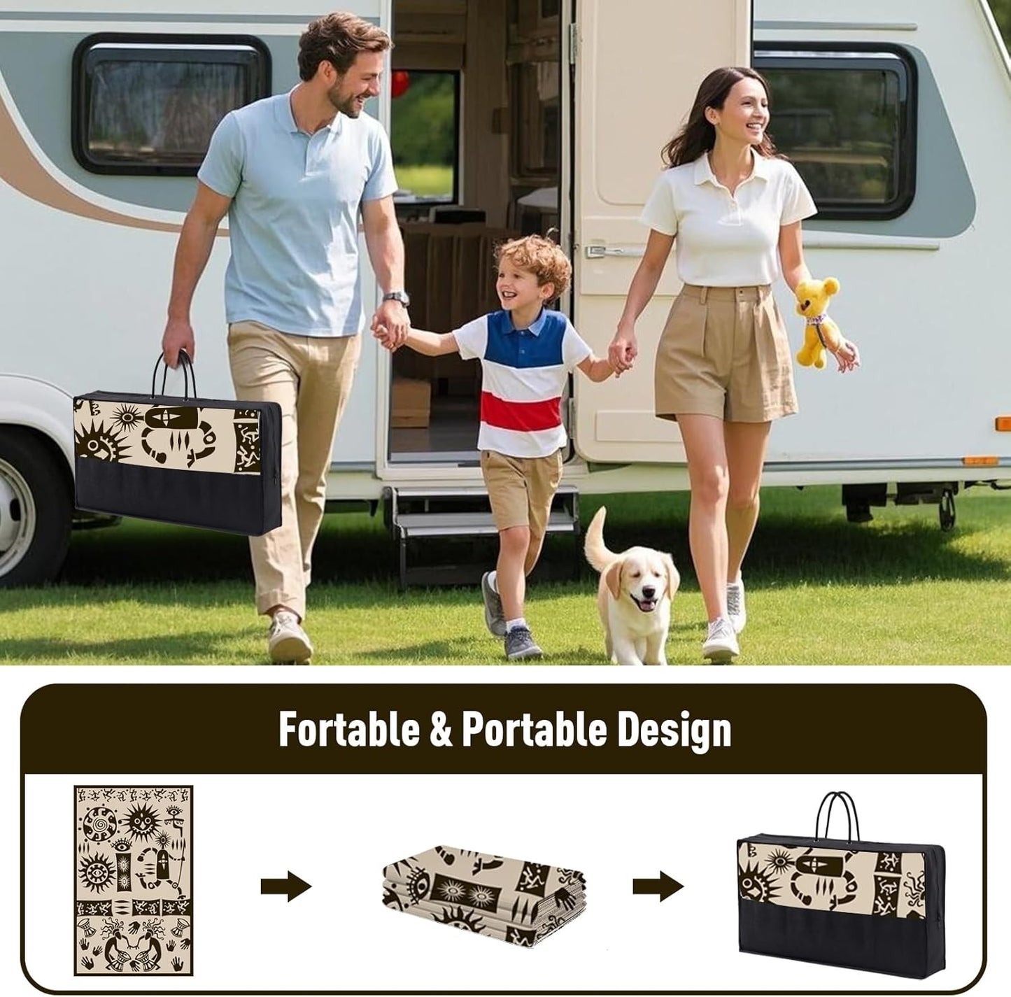 WILDROOTS 5x8 Feet Plastic Tribal Outdoor Rug, Stain Resistant Waterproof Reversible Outdoor Patio Rug, Fade Resistant Camping Rug (Ivory Beige)