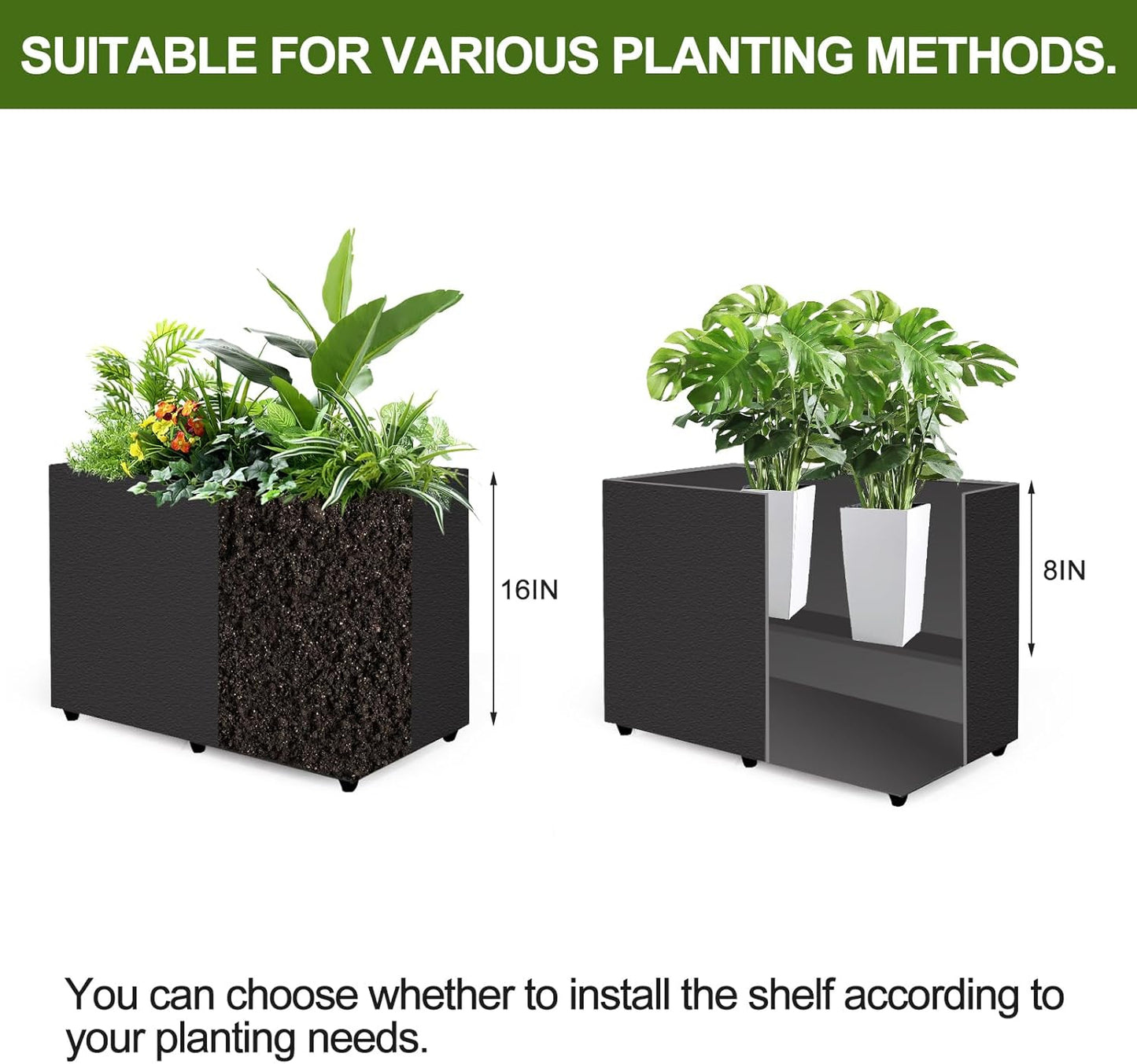 Planter Box Rectangular Block - 24×16×12IN Galvanized Steel Metal Long Box Planter Easy Installation Modern Outdoor Tall Planters All-Weather Use with Drainage Holes for Patio/Porch(Black)