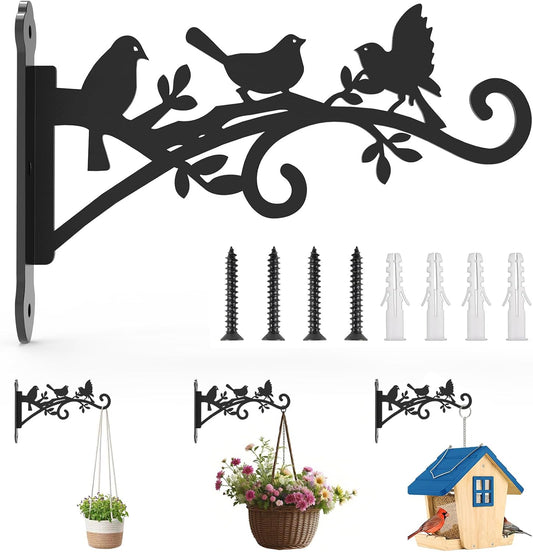 Metal Hanging Plant Bracket with Birdie Pattern 2 Pack – Heavy Duty Plant Hooks for Hanging Flower Baskets，Plants, Bird Feeder, Wind Chime - Indoor/Outdoor Use，Black Matte Texture (12 in)