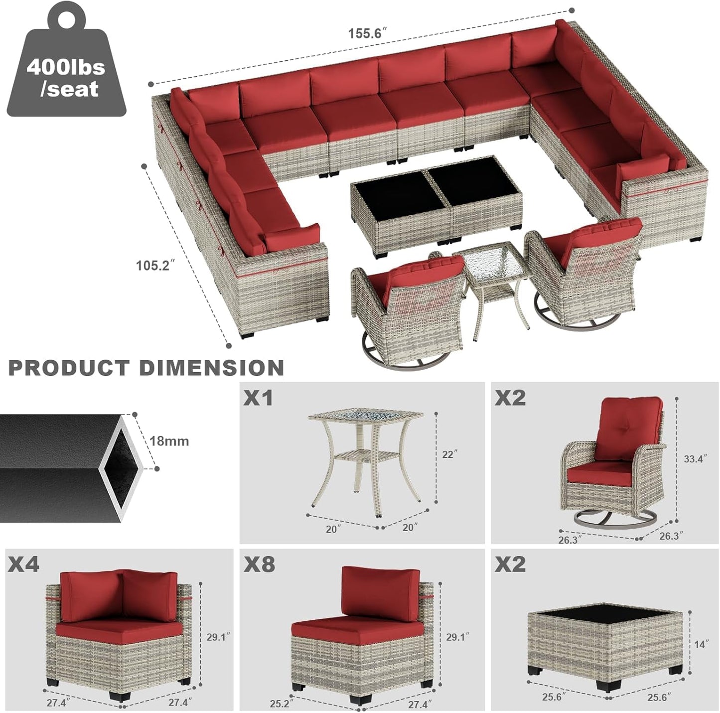 17-Piece Patio Furniture Set, Outdoor Patio Furniture with Swivel Chairs Set, Thick Cushions, Modular Patio Sofa, Dual-Strand Wicker Rattan, Rust-Resistant Frame, Red