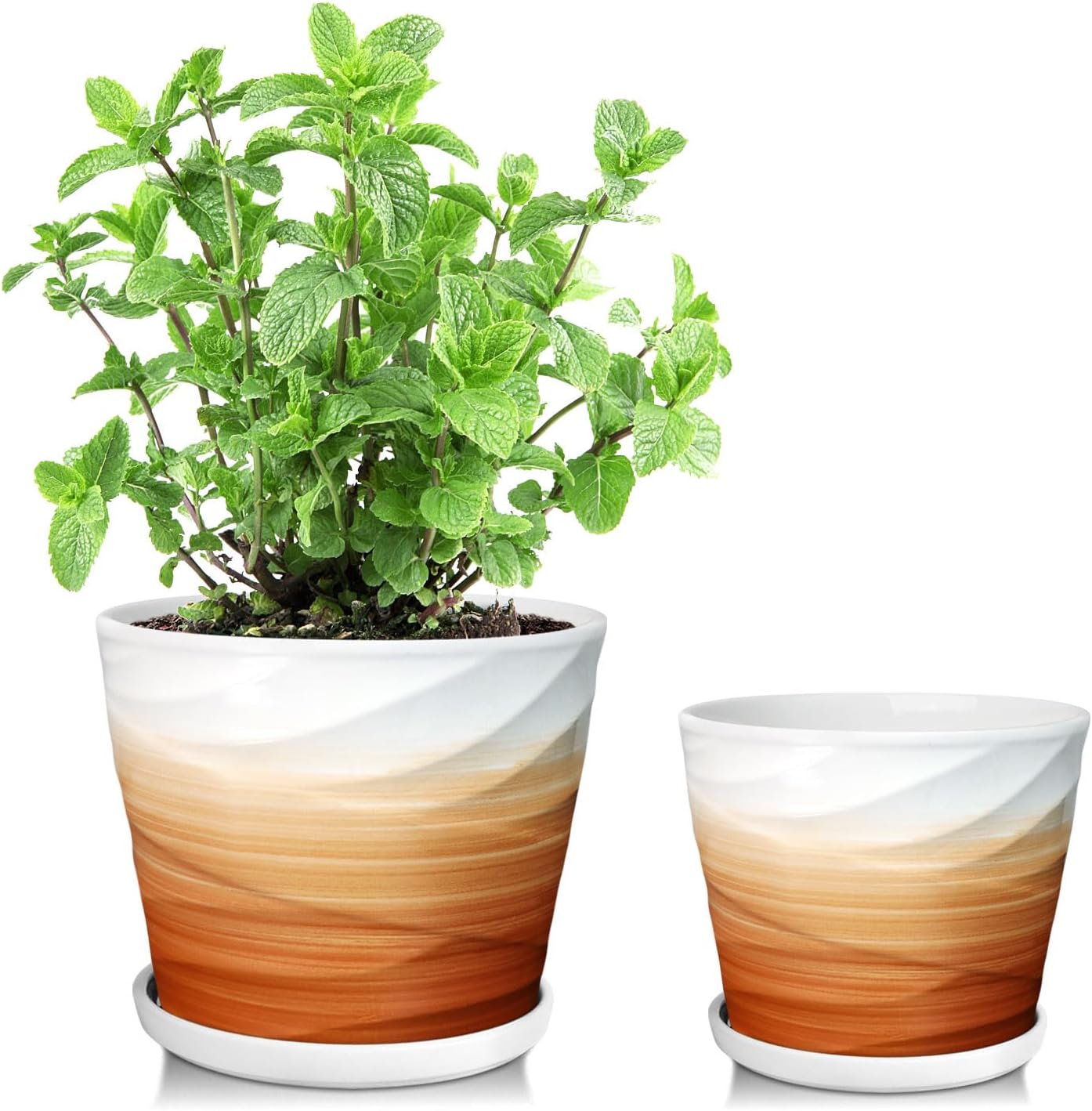 6.7 + 5.5 Inch Plant Pot, Ceramic Planter with Drainage and Saucer，Ceramic Pots for Plants, Indoor Plant pots，planters for Indoor Plants(Khaki + White)