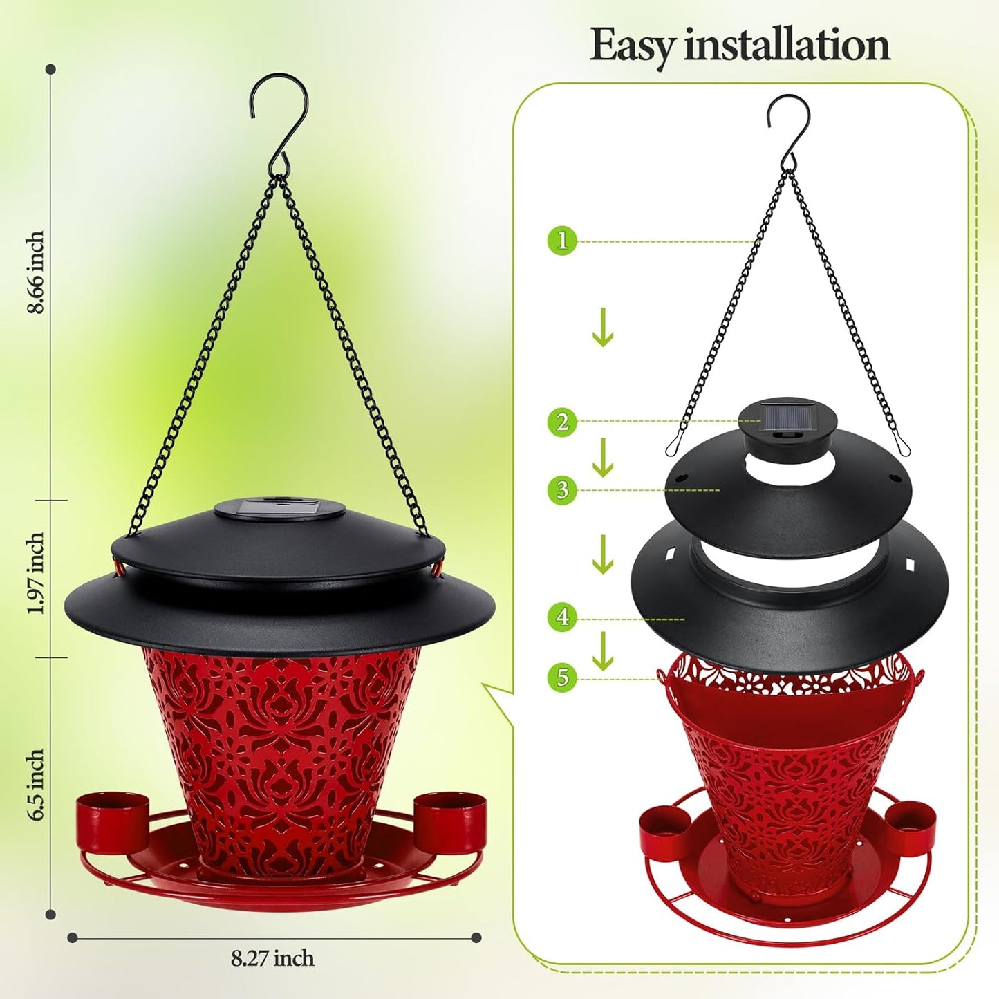 Solar Bird Feeders for Outside Hanging Metal Wild Bird Feeder Solar Lanterns Outdoor Waterproof Garden Decor for Yard red