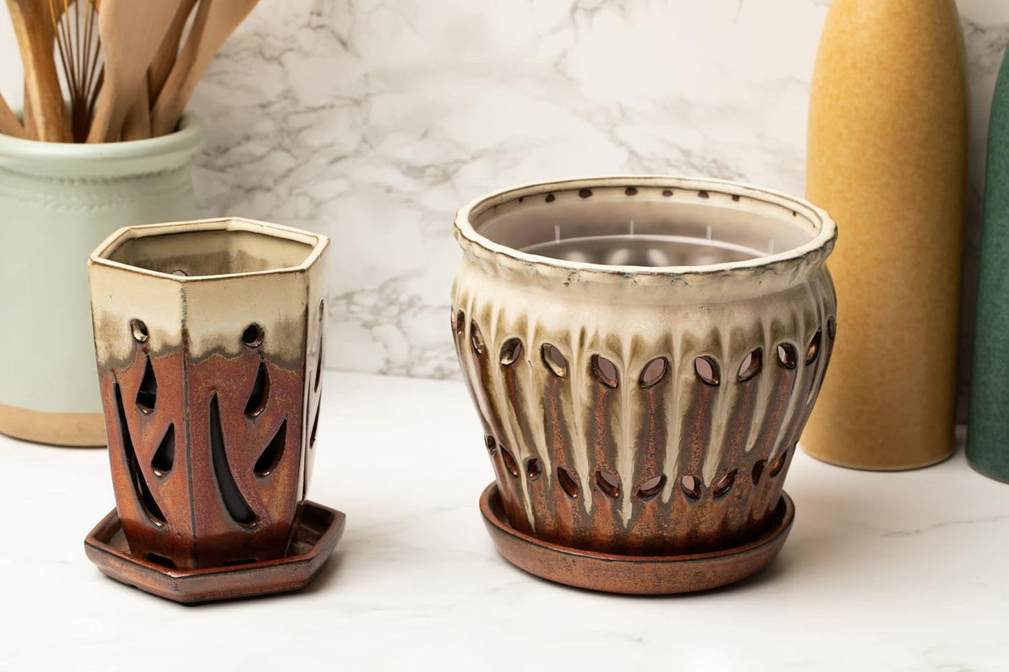 rePotme 4 x 6 inch Ceramic Orchid Pot (Honey Cream Over Copper) - Hexagon Orchid Pot with Holes