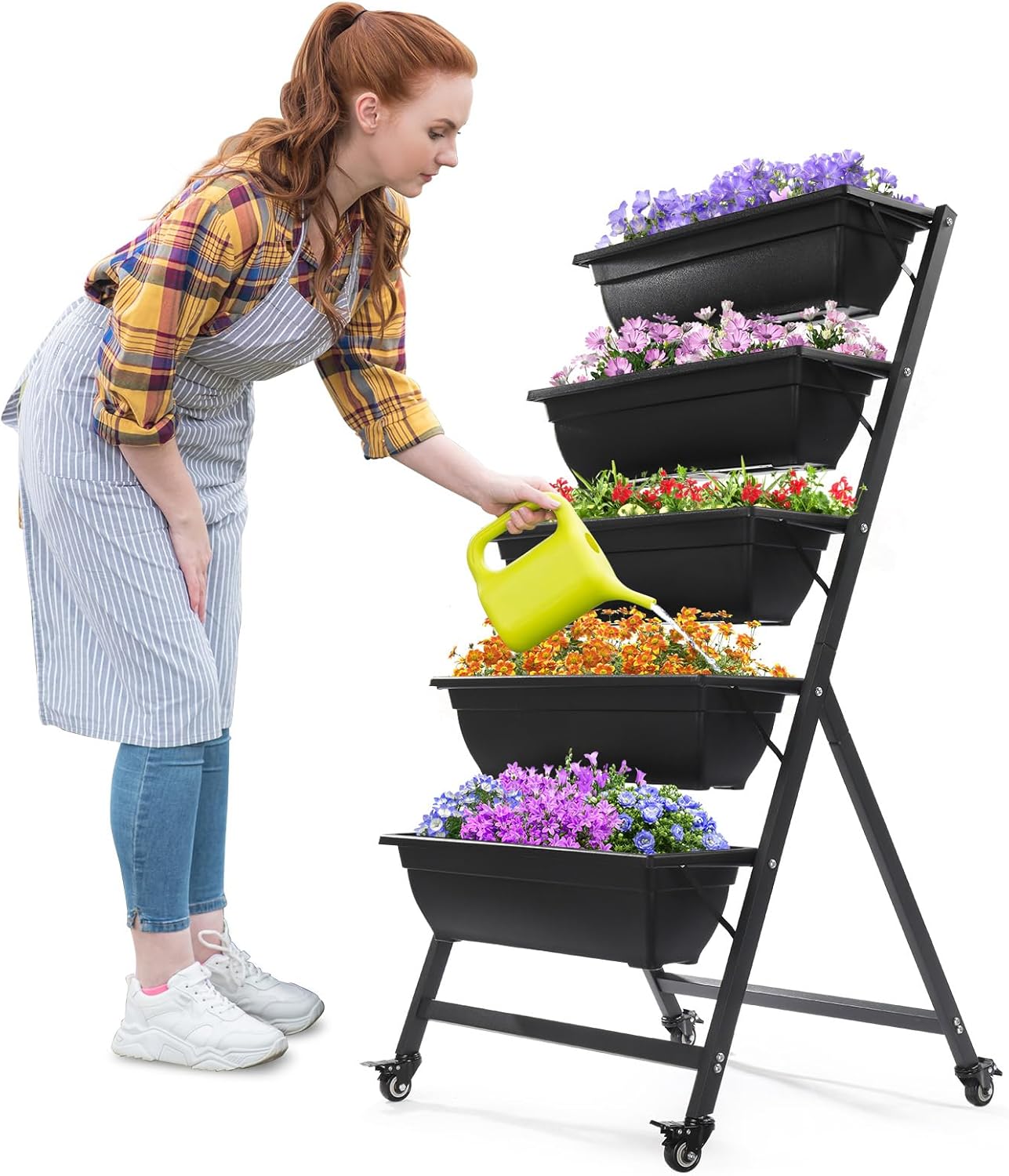 Outvita 4.4 FT Vertical Garden Bed, 5 Tier Vertical Raised Planter, Removable Black Raised Bed Box with 4 Wheels, Movable Elevated Vegetable Flower Planter for Patio Yard Indoor Outdoor