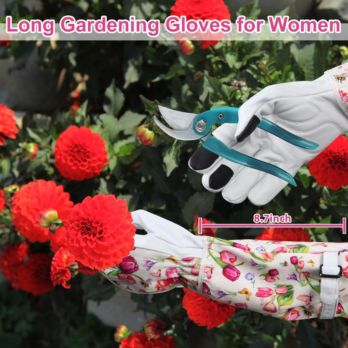 DLY Gardening Gloves for Women, Rose Gloves Gardening Thorn Proof, Long Garden Gloves for Women, Breathable Cowhide Leather Gauntlet(X-Large,White)