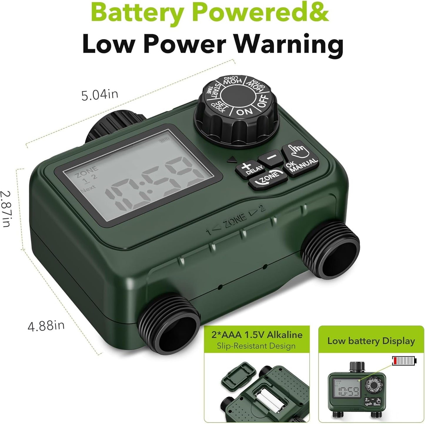 BN-LINK Sprinkler Timer Outdoor - 2 Zone Programmable Water Timer with Rain Delay, Automatic Irrigation System for Lawns & Garden Hoses - Waterproof Manual Controller with Large LCD Display
