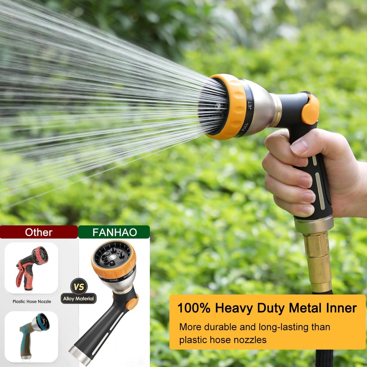 FANHAO Garden Hose Nozzle, 100% Heavy Duty Metal Spray Nozzle with Thumb Control, High Pressure Water Nozzle with 8 Adjustable Spray Patterns for Watering Plants, Washing Cars and Showering Pets