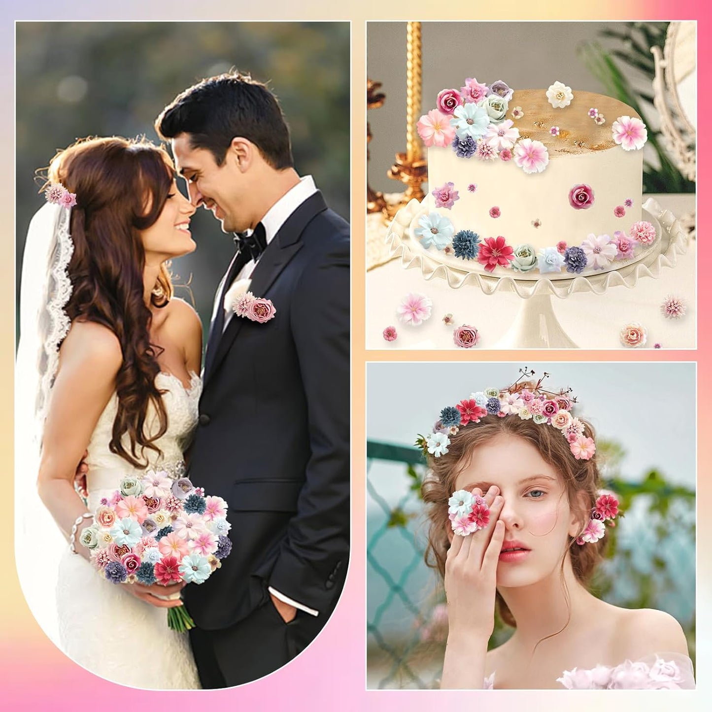 Faux Flower Heads Mini Charming Color Artificial Flower Heads Fake Peony Daisy Rose Flowers Multicolor Small Silk Daisy Flower Heads for Craft Garland Wedding Party DIY Home Decoration