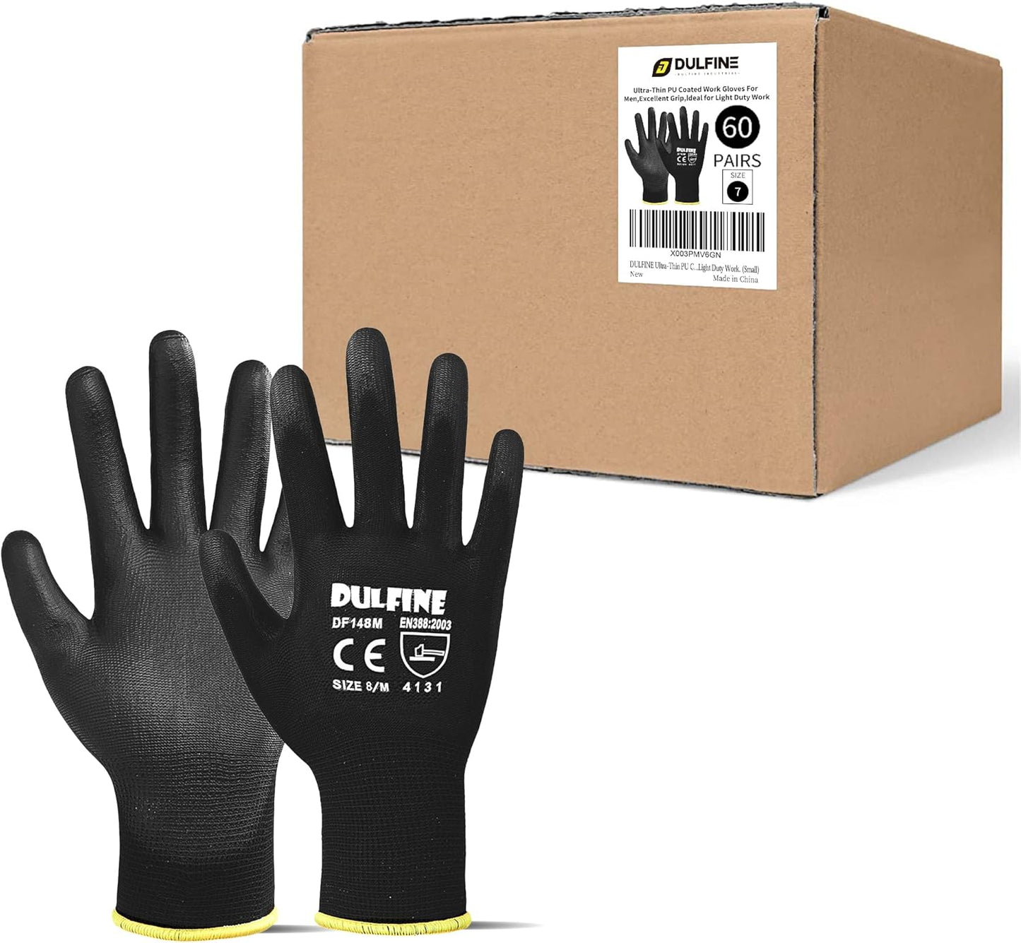 DULFINE Ultra-Thin PU Coated Work Gloves-60 Pairs,Excellent Grip,Nylon Shell Black Polyurethane Coated Safety Work Gloves, Knit Wrist Cuff,Ideal for Light Duty Work. (Large)