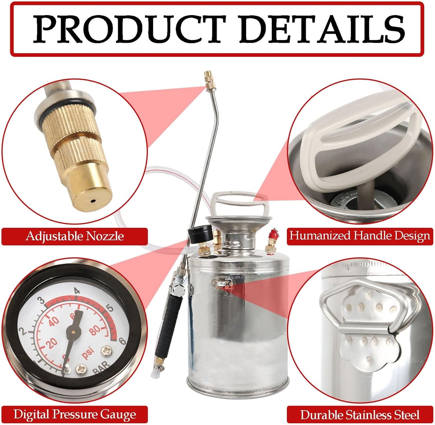 Hand Pump Sprayer Stainless Steel Sprayer for Indoor and Outdoor 1 Gallon Sprayer 12 in Wand 3.3 FT Hose