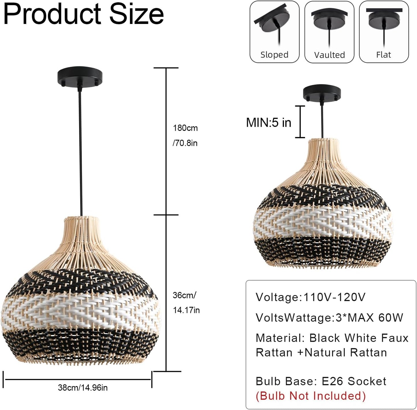 3-Light Rattan Pendant Light,Hand-Woven Black White Faux Rattan Hanging Light 15" Boho Basket Wicker Chandelier,for Living Room Bedroom Kitchen Dining Hallway 1-Pack