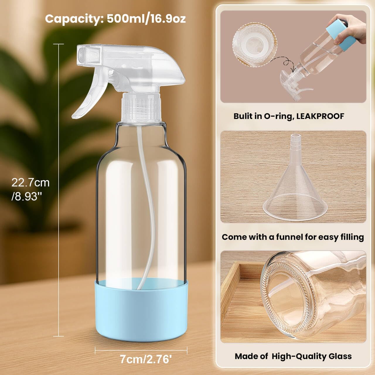 Glass Spray Bottles with Silicone Sleeve 16.9oz 2 Pack Empty Spray Bottle for Hair Mist/Stream Spraying for Cleaning Solutions, Plants, Essential Oils (clear-qblue&grey)