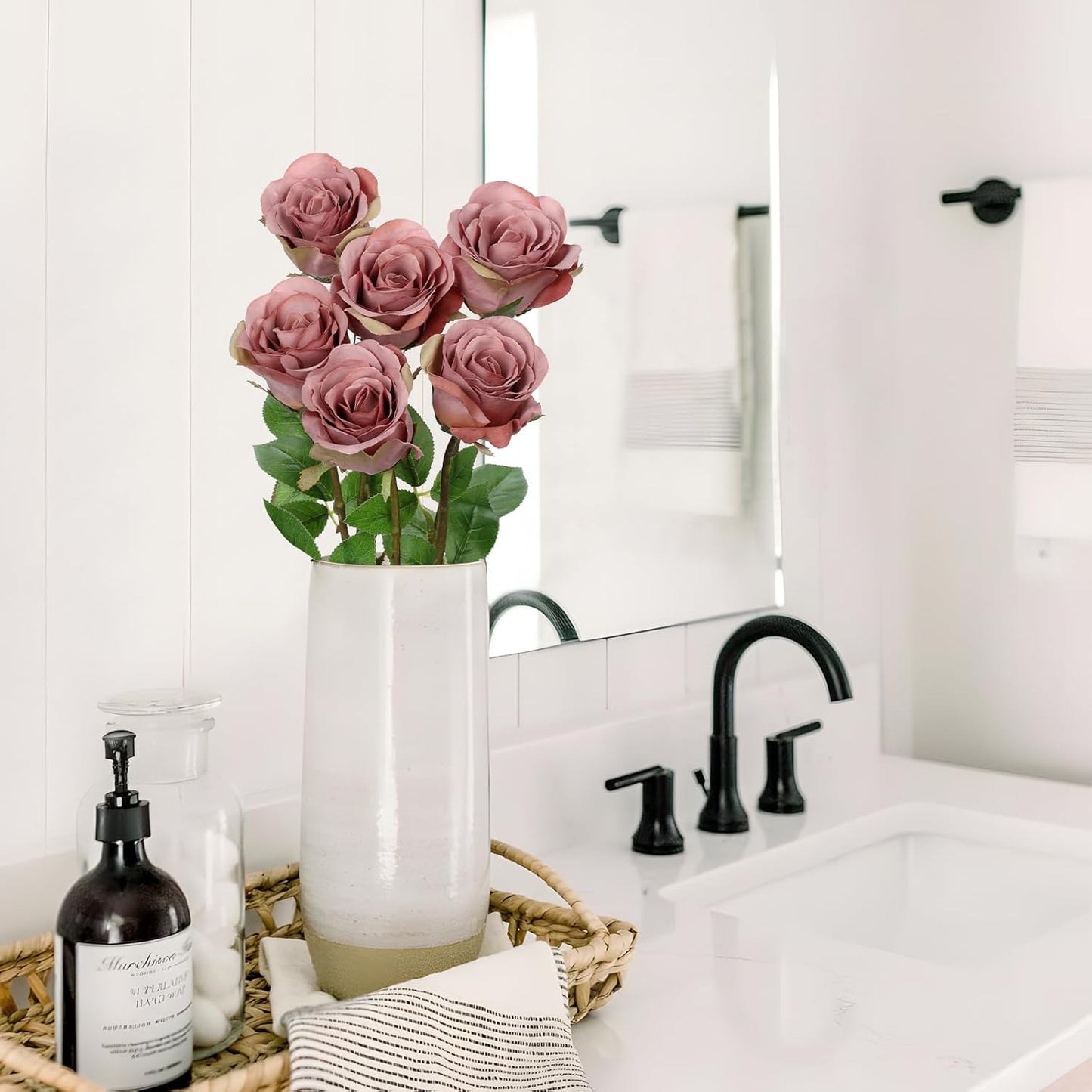 Briful Dusty Roses Pink Artificial Flowers– 6PCS 18.9" Faux Rose Silk Flowers with Long Stems Realistic Fake Rose Bouquet for DIY Wedding Arrangements Table Vase Centerpieces Home Event Decor