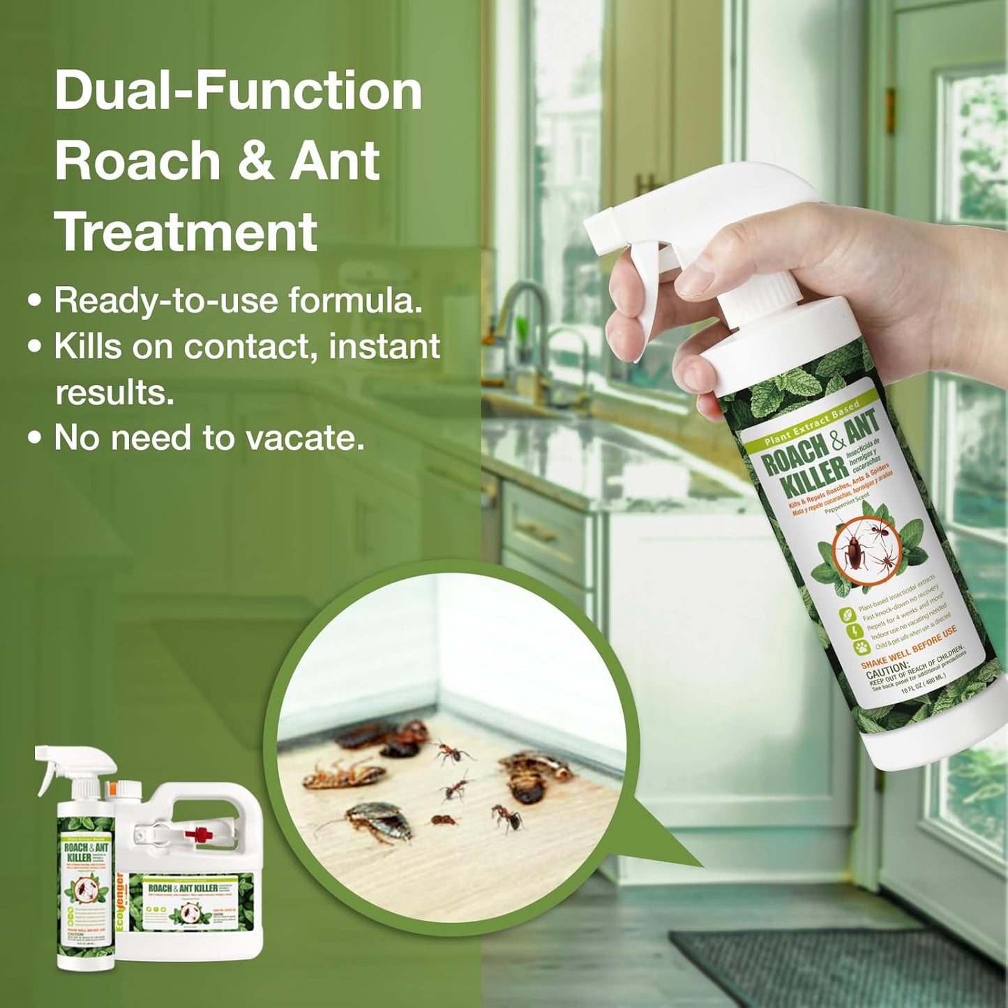 EcoVenger by EcoRaider Roach & Ant Killer 64 oz, Kills on Contact, Kills Ants & Other Indoor & Outdoor Crawling Insects, Natural & Non-Toxic, Pleasant Botanical Scent, Safe for Children & Pets