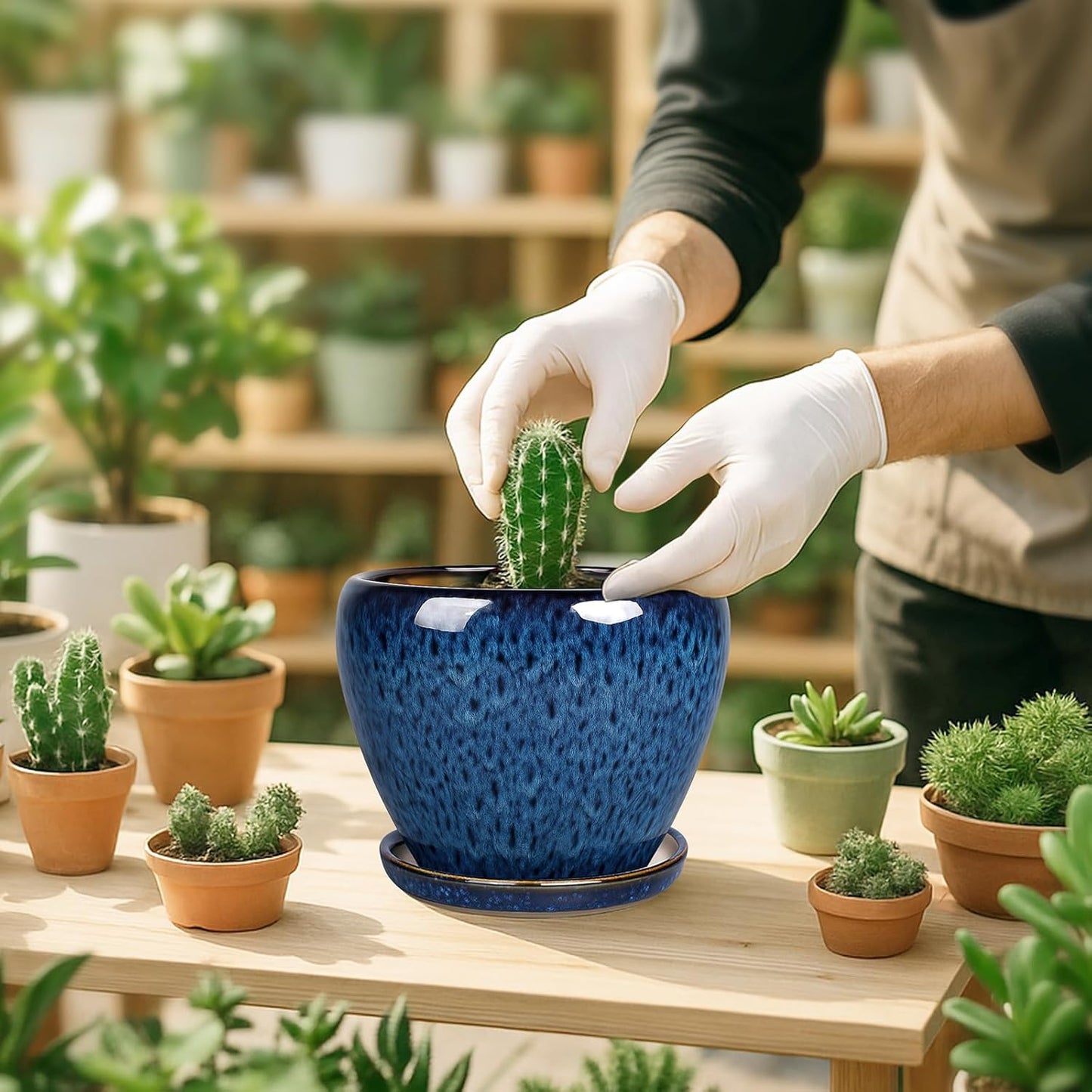 Deep Dream 6 Inch Plant Pots- Ceramic Planter Pot with Drainage Hole and Saucer, Round Flower Pot for Indoor Outdoor Succulent, Snake Plants and Cactus, Blue