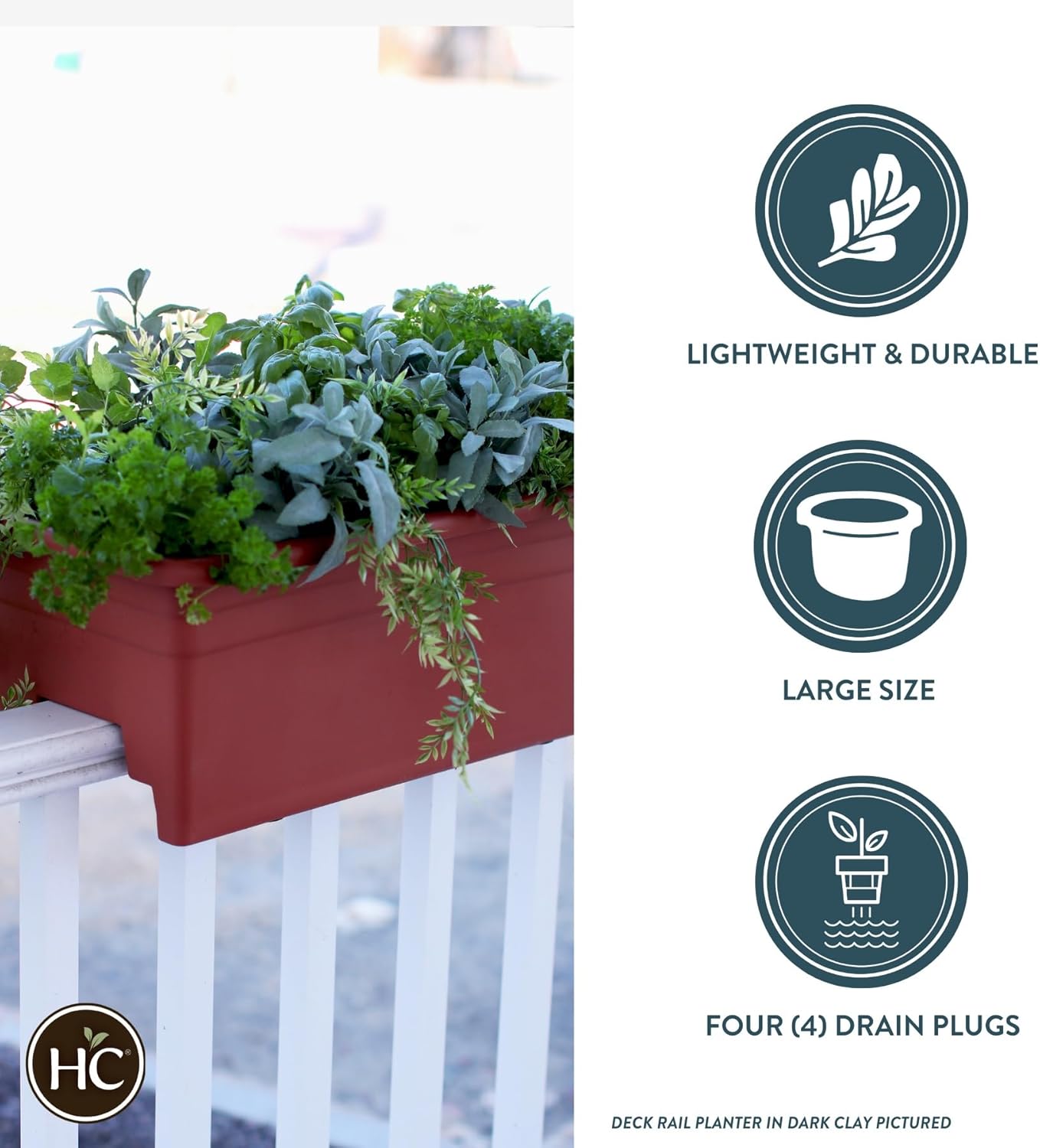 The HC Companies 24 Inch Deck Rail Box Planter Lightweight Outdoor Plastic Plant Pot for Herbs and Flowers, White