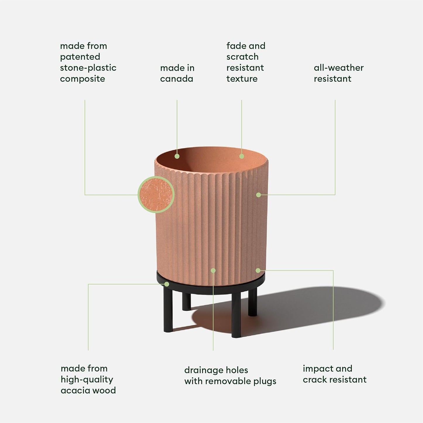 Veradek Demi Series Round Planter w/Stand for Porch/Patio | Durable Plastic-Stone Composite & Wooden Stand | Modern Décor for Tall Plants, Flowers