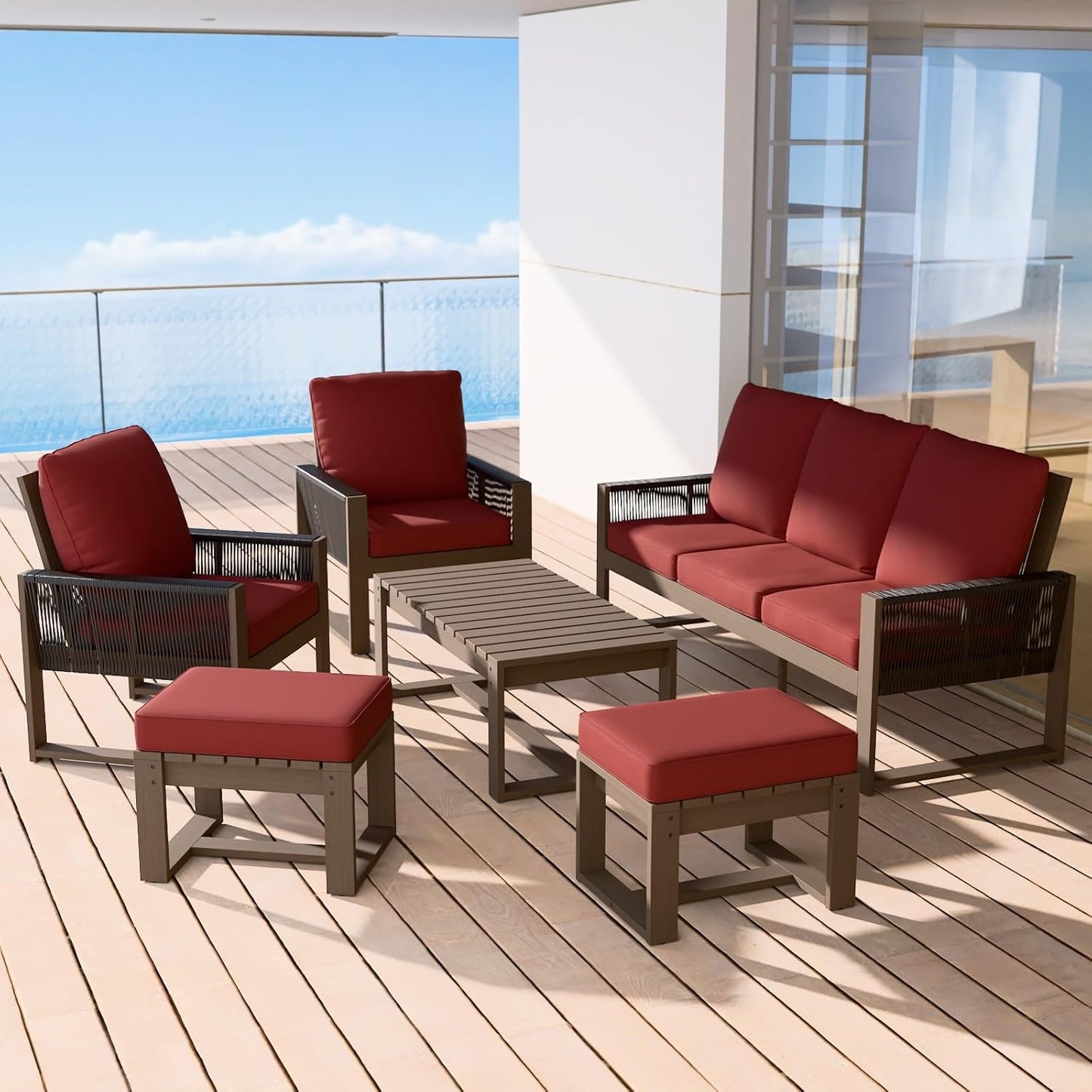 EAGLE PEAK Natural Wood Outdoor Patio Furniture, Cedar Furniture, Conversation Set, Outdoor Seating for Deck Patio Porch, Sofa 2 Chairs 2 Ottomans & Coffee Table, 6 Pieces, Brown/Red