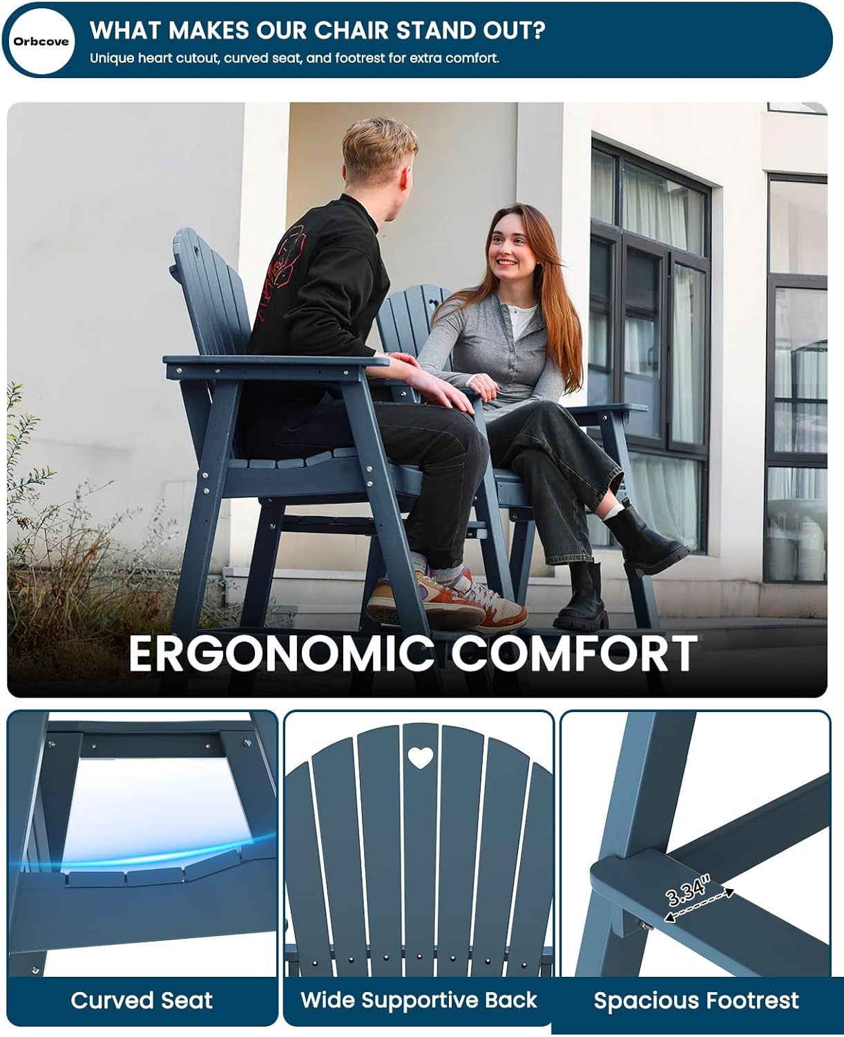 Tall Adirondack Chairs Set of 2-Durable HDPE Outdoor Bar Stools with Double Connecting Tray, Weatherproof Patio Furniture for Poolside, Backyard, Deck & Lawn Relaxation (Navy Blue)