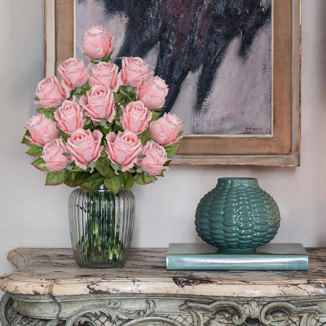 Artificial Realistic Roses Pale Pink Flowers 24" Real Touch Silk Roses Bouquet Long Stems Rose Fake Roses Decor for Home Party Wedding Table Centerpieces Roses Realistic - 5 Pcs