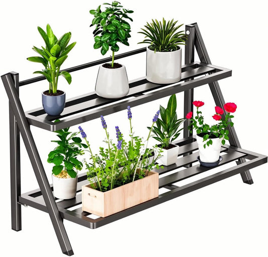 Deluxe 2-Tier Aluminum Plant Stand Indoor/Outdoor, Weather-Resistant Flower Pot Rack, Stylish & Lightweight Plant Stands for Garden, Balcony & Living Room