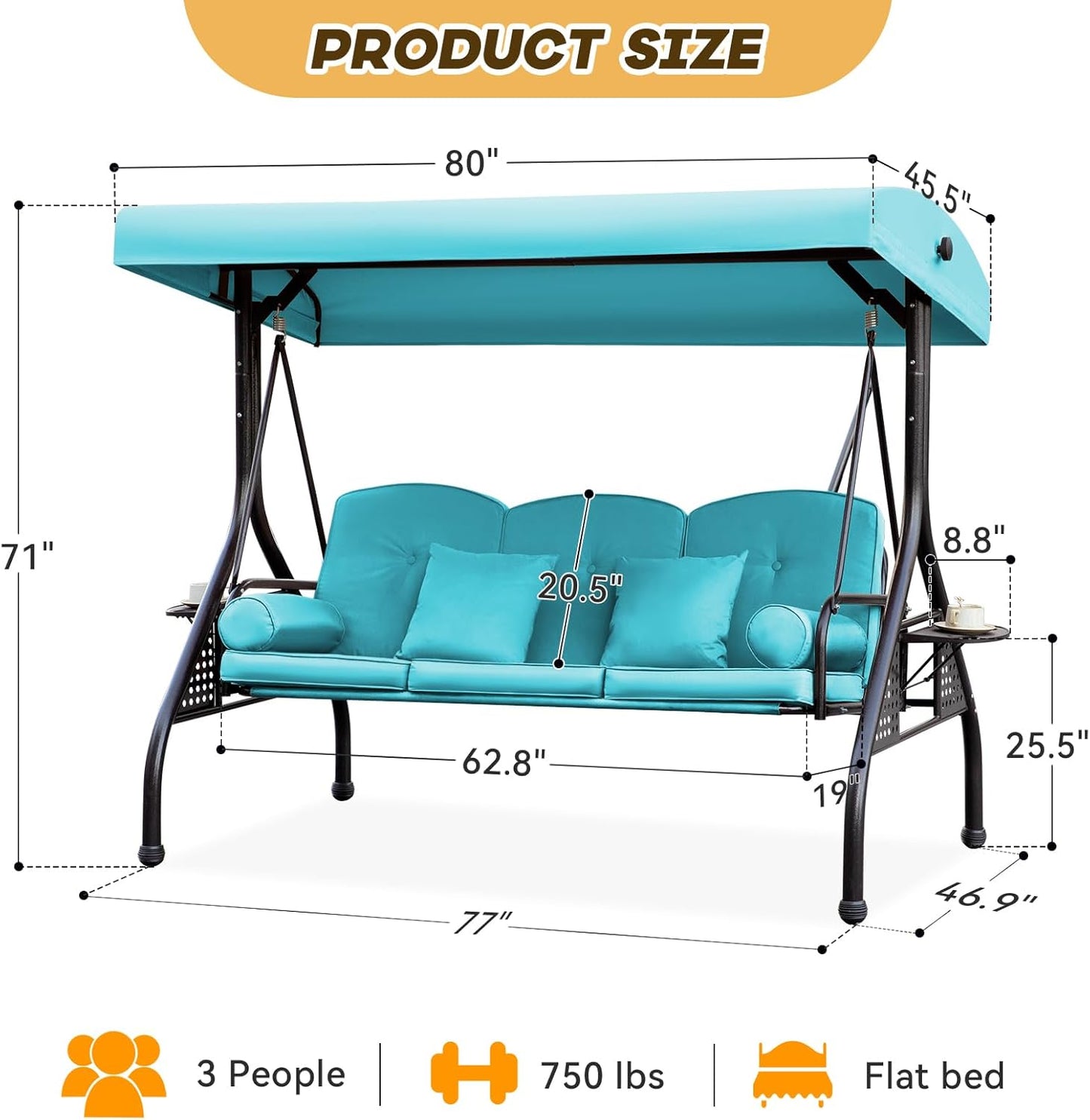 3 in 1 Patio Swing with Adjustable Canopy for Adults, 3 Seat Outdoor Swing with Thickened Cushions,Pillows & Cup Holders for Backyard, Porch, Garden (Lake Blue)