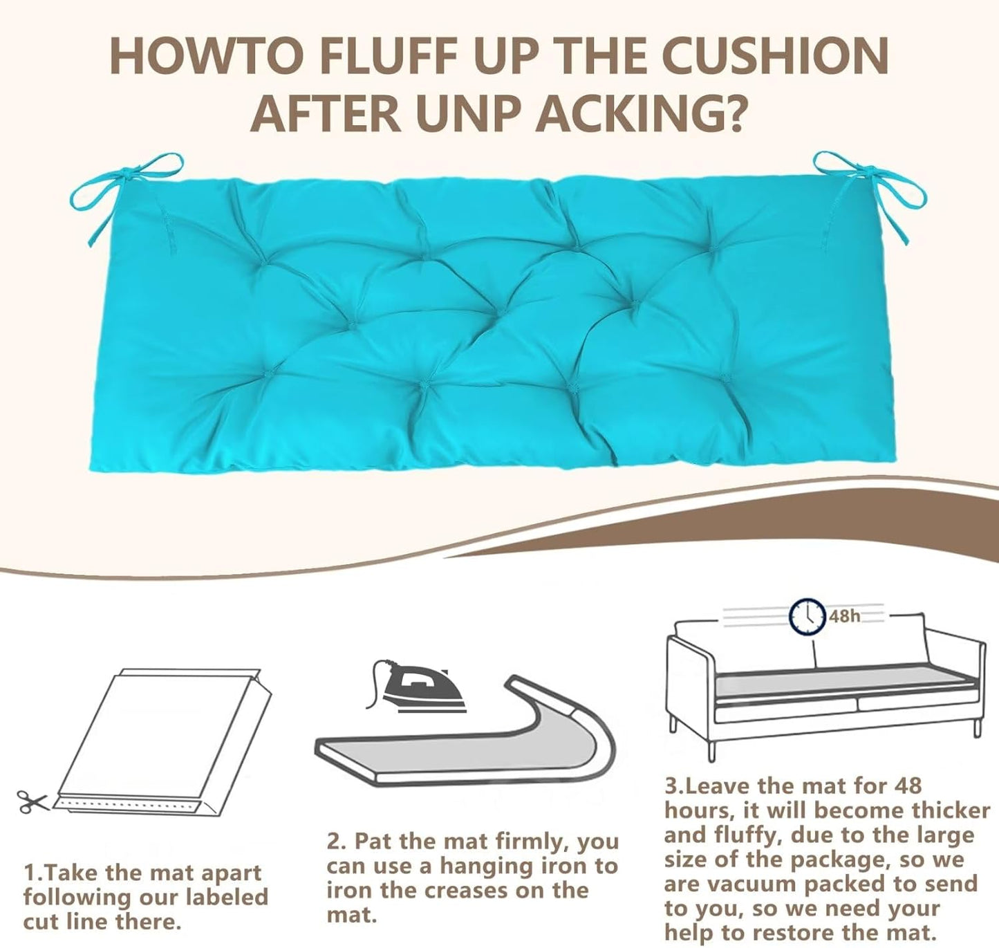 Waterproof Indoor/Outdoor Garden Bench Seat Cushions,Thicken Patio Bench Soft Rocking Chairs Pad Lounger Seat for Wicker Loveseat Settee（59 X 19.6 in，Turquoise