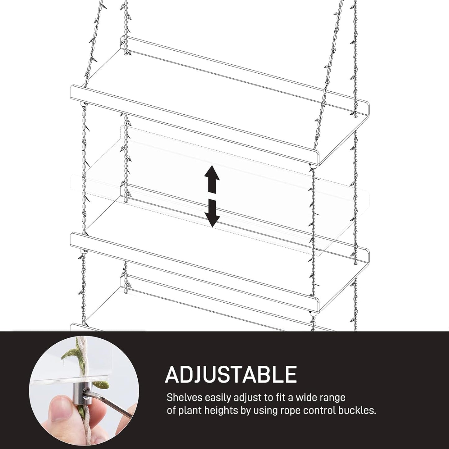 Sumerflos Acrylic Window Boxes Window Plant Shelves 4 Tier - Clear Hanging Shelf Indoor Jute Twine Adjustable Plant Holder for Window Wall Living Room Balcony Natural