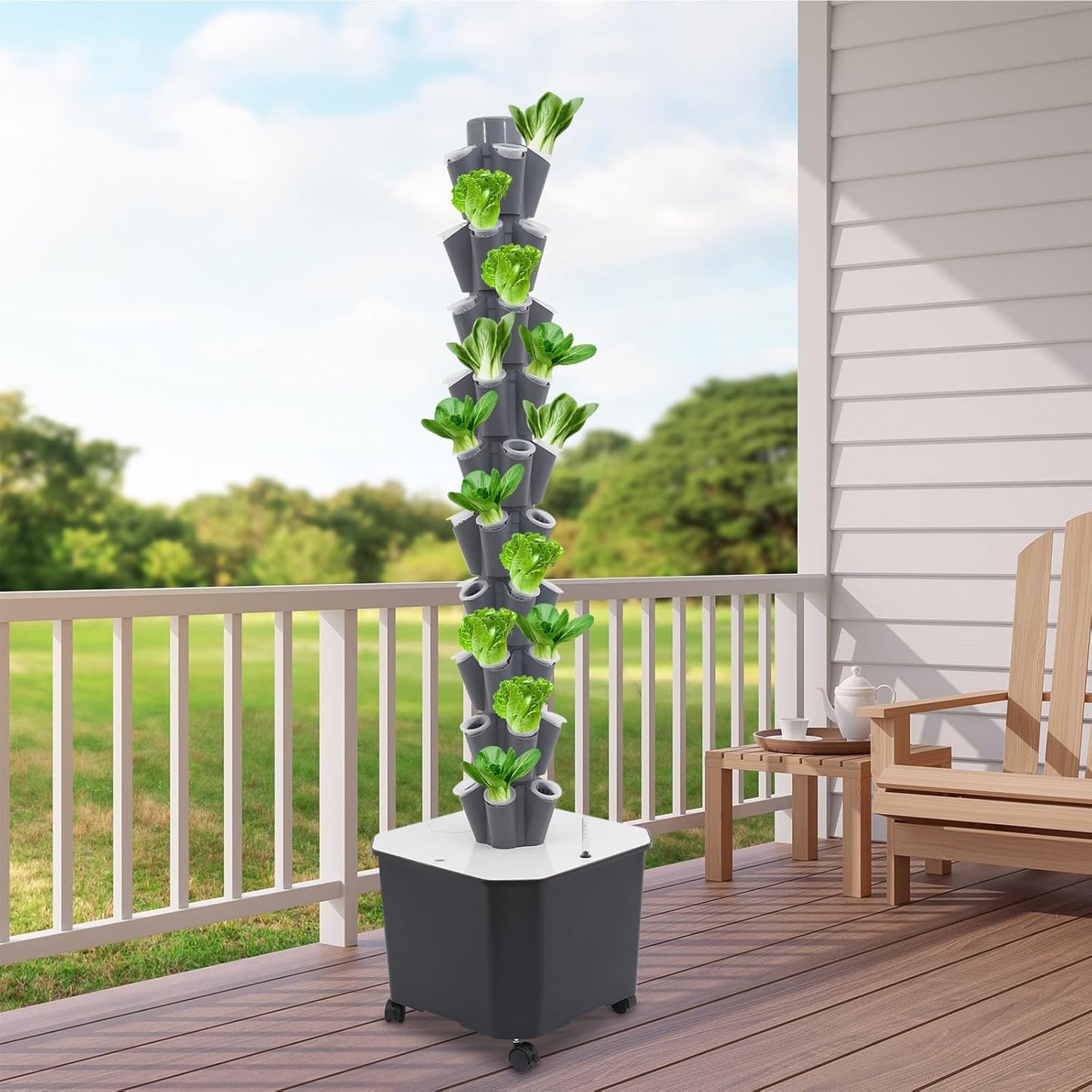 Eapmic Hydroponics Growing System Tower Garden, 10-Tier 50-Hole Vertical Planter with 45L Water Tank & Auto Watering, Indoor/Outdoor Hydroponic Garden Kit w/Wheels (Grey)