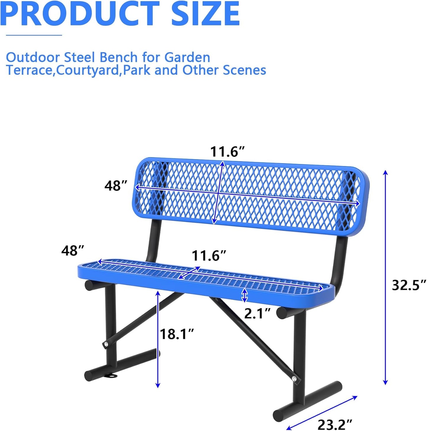 Heavy Duty Park Bench with Back Portable Frame, Outdoor Steel Bench with Backrest, Outdoor Park Bench Expanded Metal Mesh Bench for Lawn, Park, Deck, Garden, Patio, Porch, Black (Blue, 4FT)