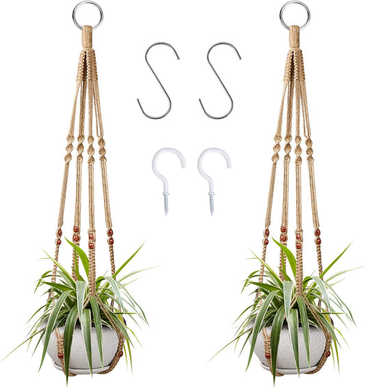 Augshy 2 Pcs Plant Hangers Hanging Plant Holder for Indoor Outdoor Decor Macrame Hanging Planter Basket with 4 Hooks(35 Inch)