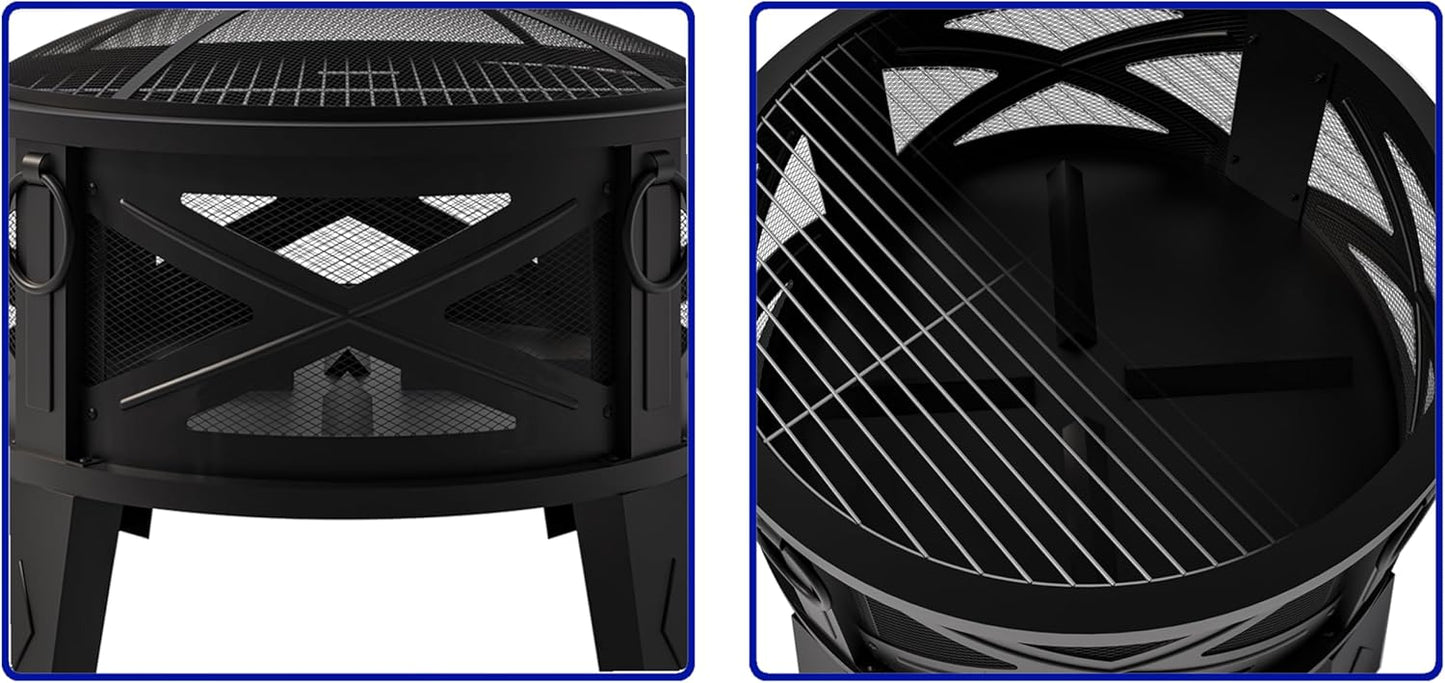 Fire Beauty 26"Steel Fire Pit with Grill Grate&Spark Screen,360° Airflow Boost Technology,Less Smoke,Larger Flames,Heavy-Duty Portable Camping Fire Pit for Backyard,Beach,RV (22lbs,4 Handles,Dual-Use)