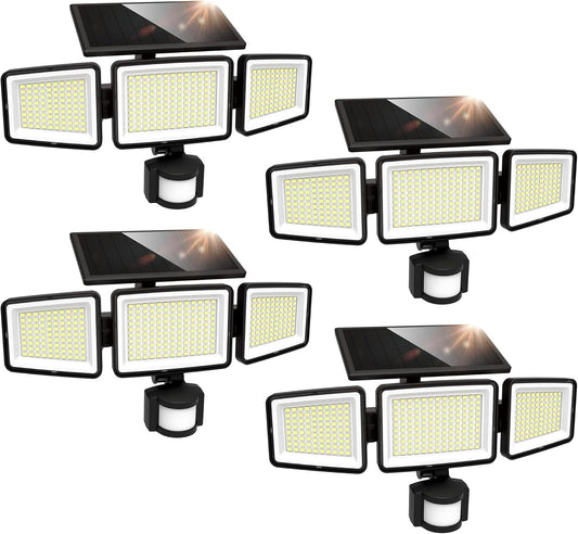 UME Solar Outdoor Lights 302 LED 3000LM, IP65 Waterproof Motion Sensor Outdoor Lights, 3 Heads Solar Security Flood Lights 270 Wide Lighting Angle with 3 Modes for Garden Patio Yard - 4 Pack