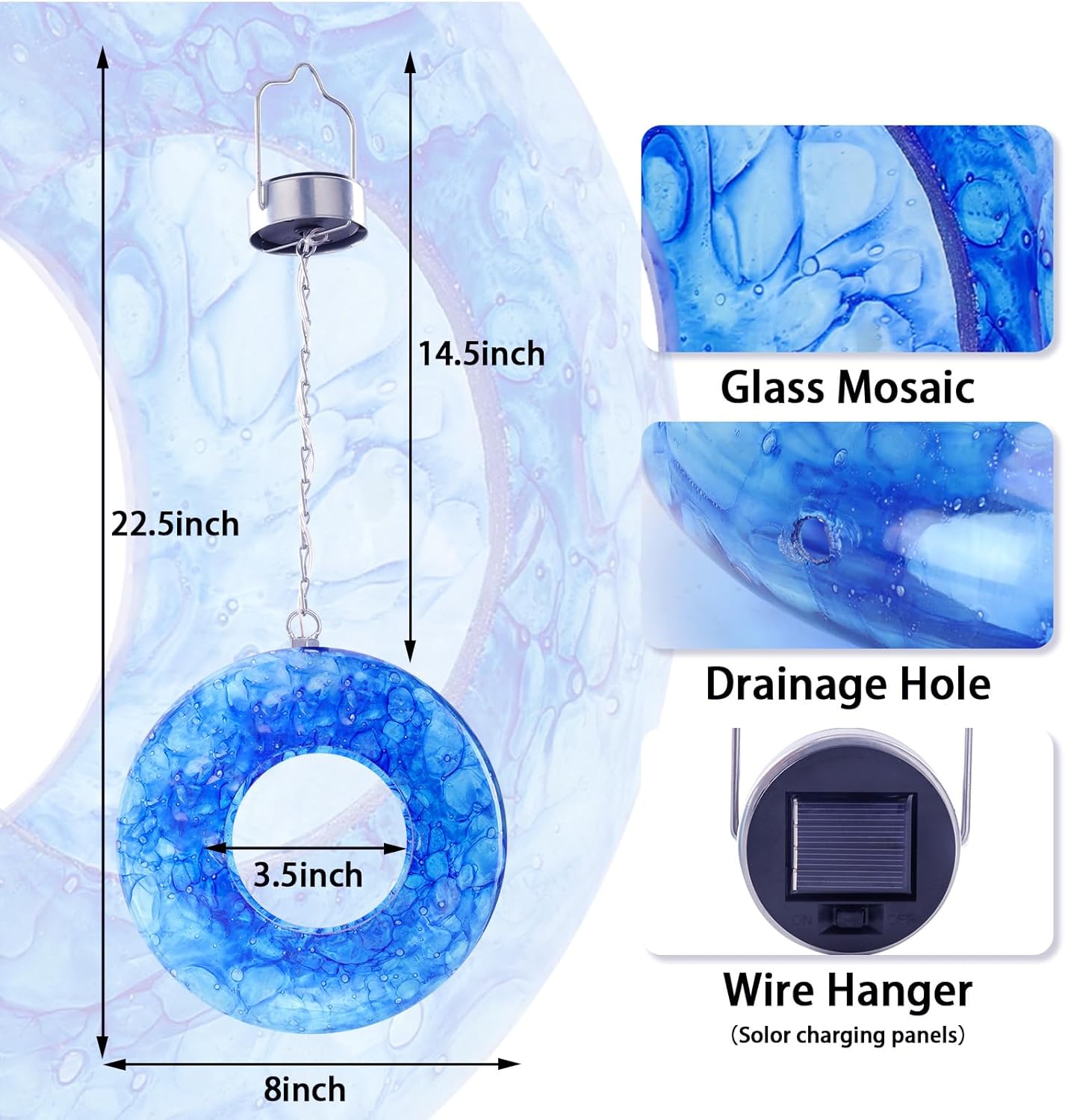 Yinns Mosaic Bird Feeders for Outside Hanging Fly Through Bird Feeder with Round Shape Solar Birdfeeder for Yard Garden Decor Bird Lvoers Gifts, 8-Inch Bule