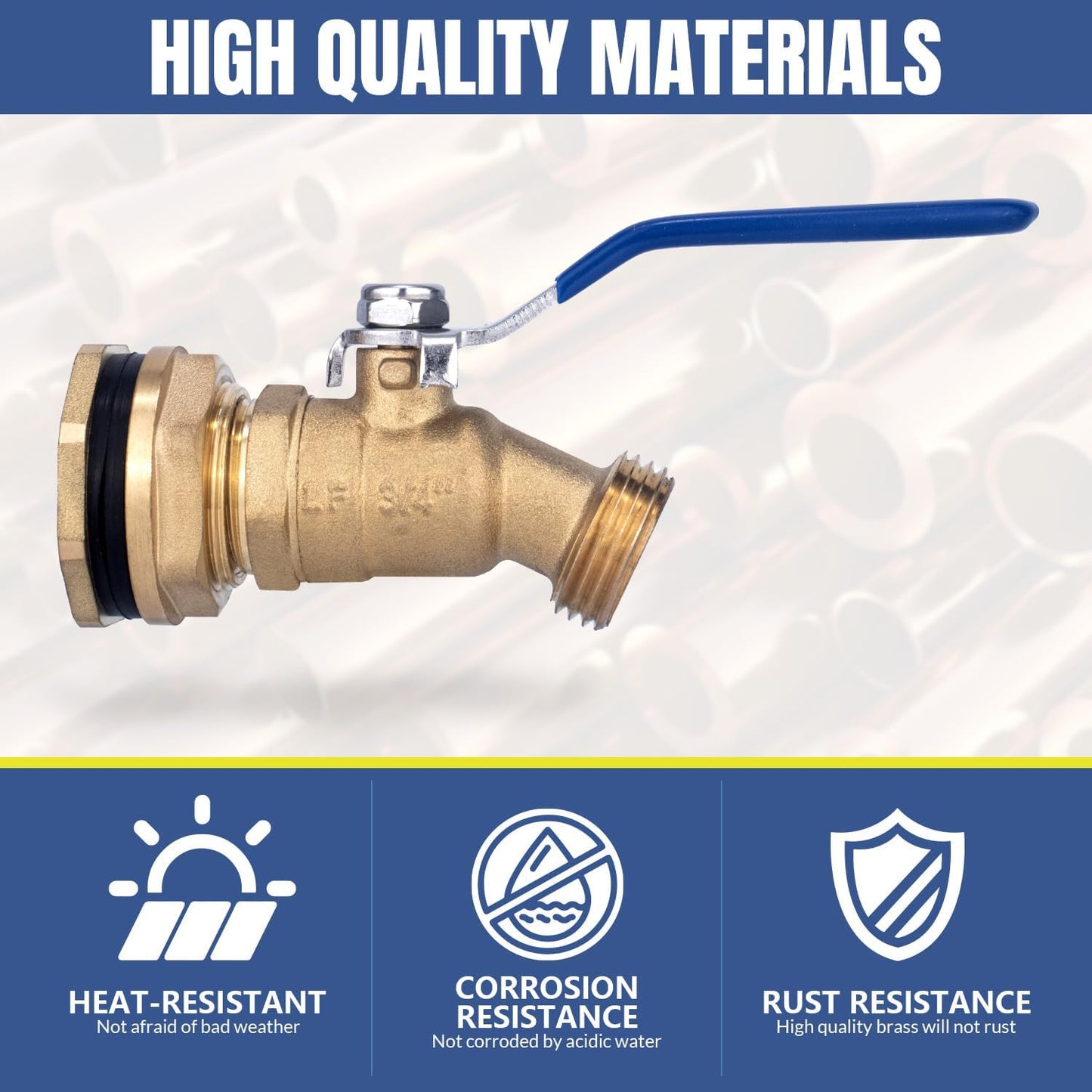 Brass Water Container Rain Barrel Spigot Kit Lead-Free Spigot Kit 55 Gallon Water Tank Ball Valve,3/4"Inlet to 3/4"GHT Male Thread Outlet Suitable for Garden Hose Thread Connection