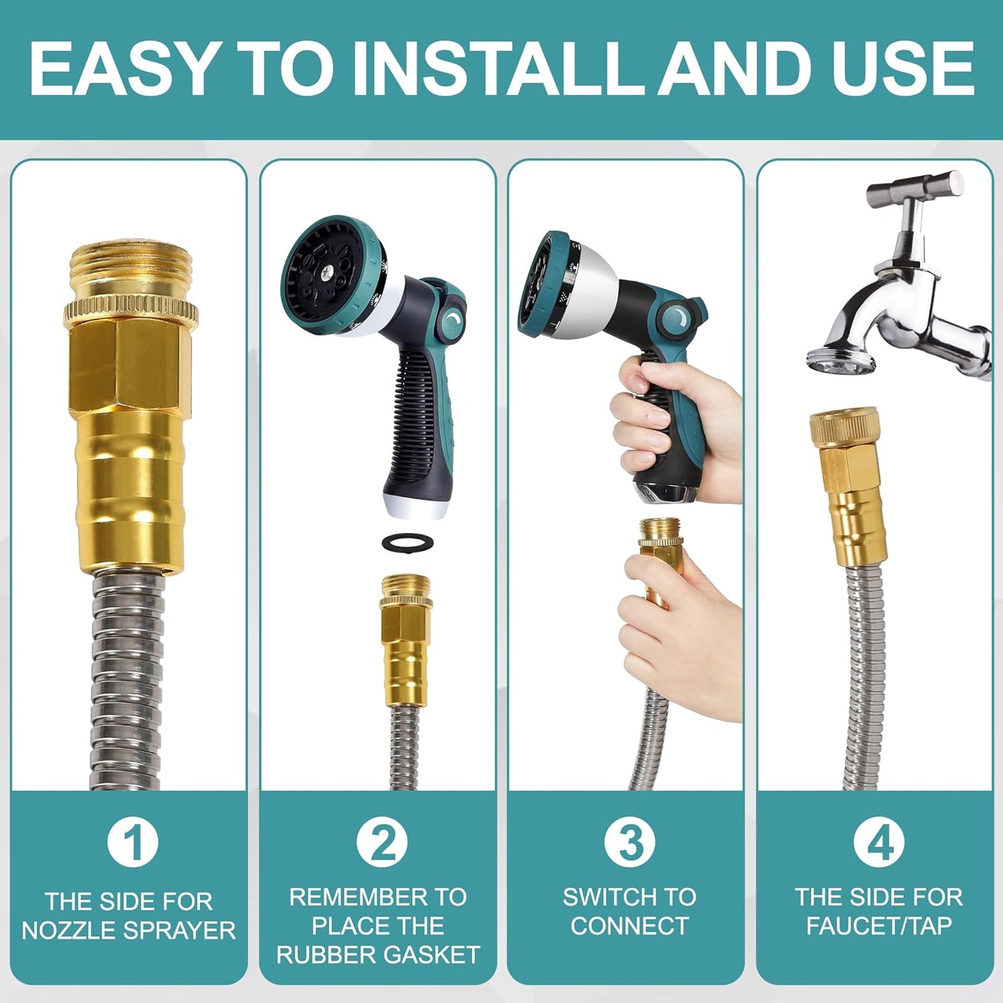 100FT 5/8'' Garden Hose, 304 Stainless Steel Water Hose, Flexible with a 10-Mode Nozzle Sprayer, No Kink, Lightweight, Puncture Proof Metal Hose, Ideal for Yard, Lawn, Outdoor