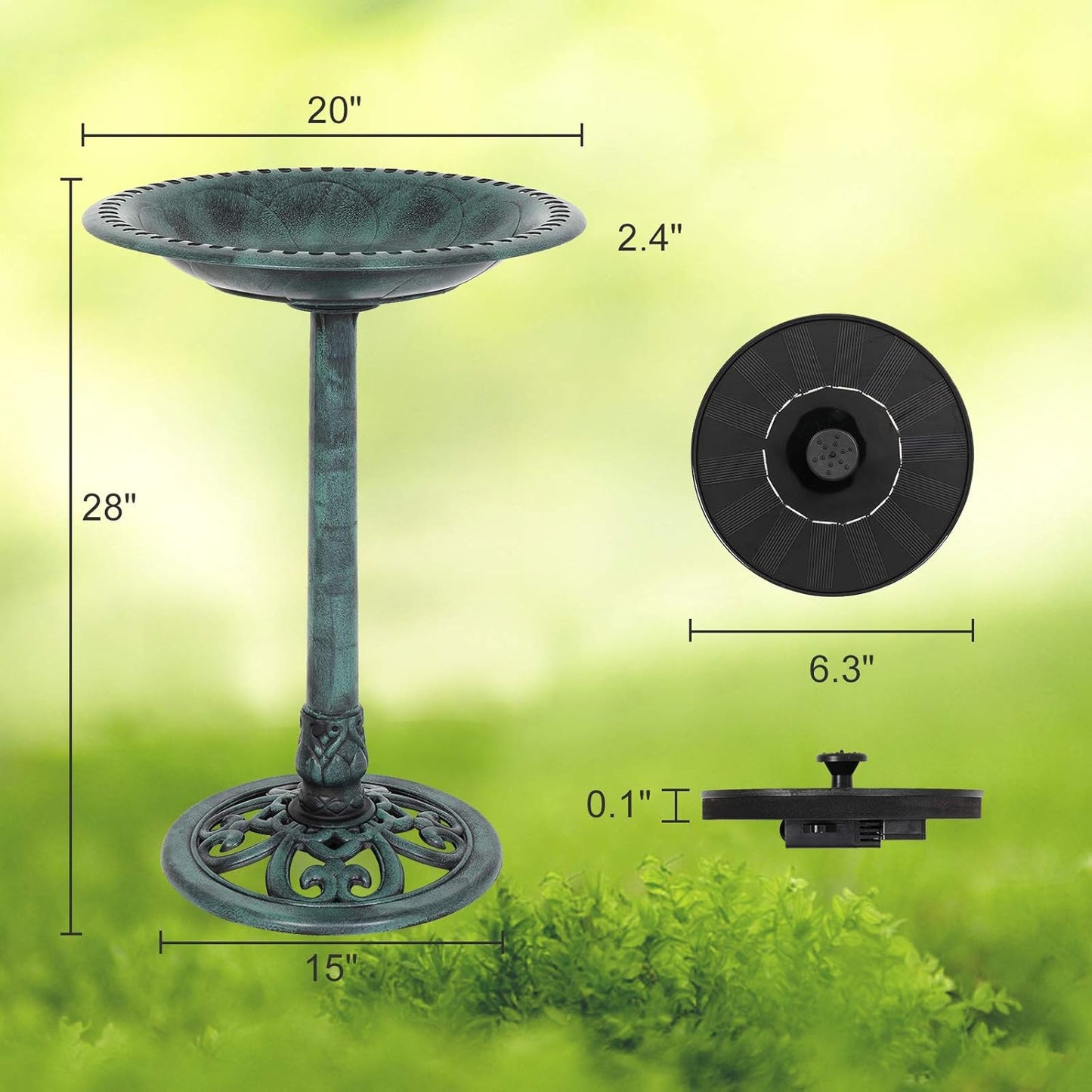 VINGLI 28 Inch Pedestal Bird Bath Solar Fountain Birdbaths with Steel Ground Anchors Weather Resistant Resin Antique Green Garden Decor for Outdoor Lightweight Courtyard…