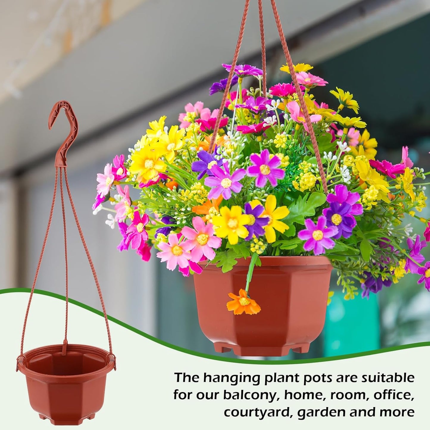 Roshtia 24 Pcs Hanging Plastic Planter Pot with Hook Flower Pots Baskets Hanging Nursery Planter Holder for Outdoor Indoor Plant Garden(Brown,5 Inch)