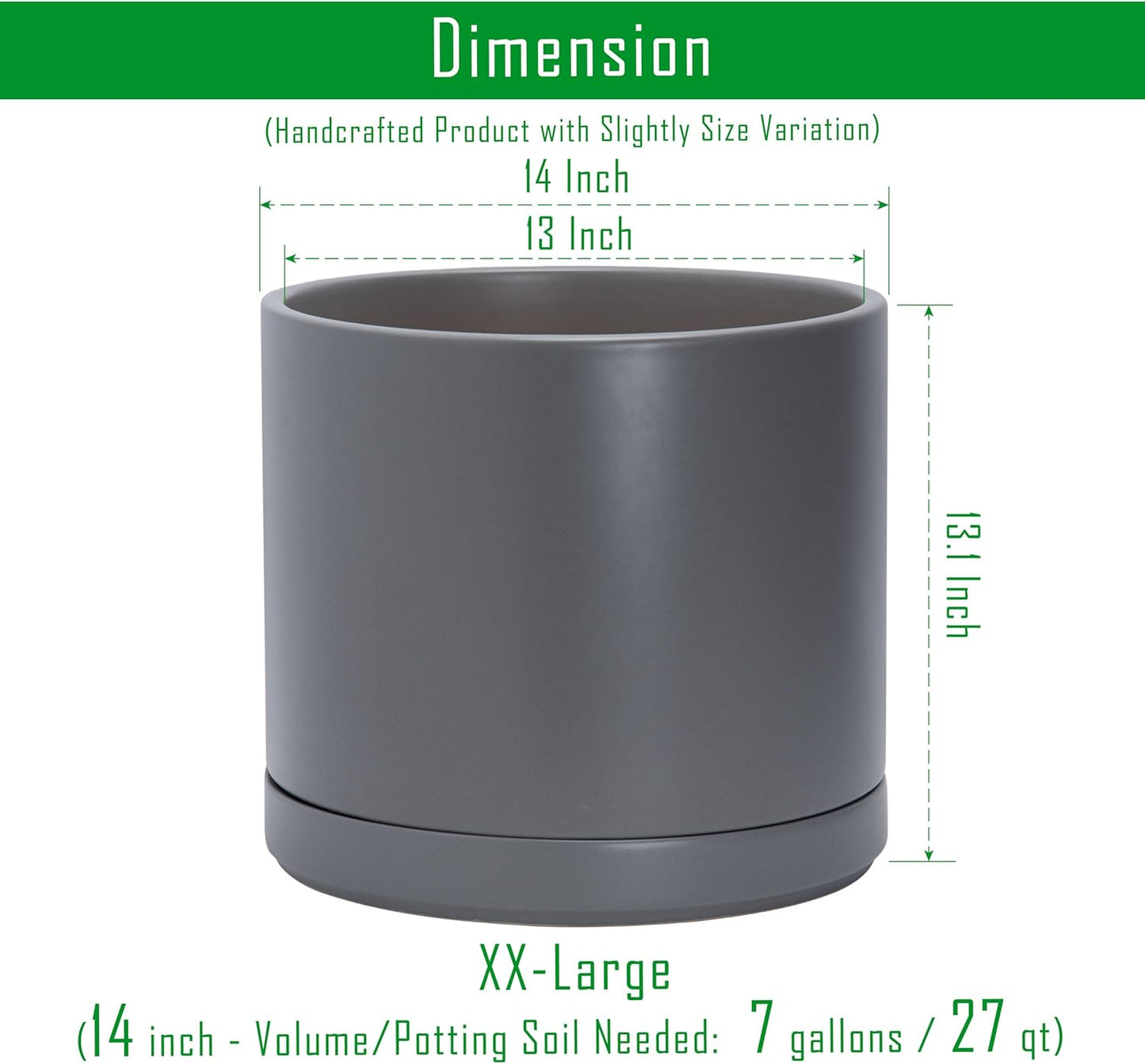 D'vine Dev 14 Inch Ceramic Planter Pot with Drainage Hole and Saucer, Indoor Cylinder Round Planter Pot, Speckled Grey, 94-O-G-3